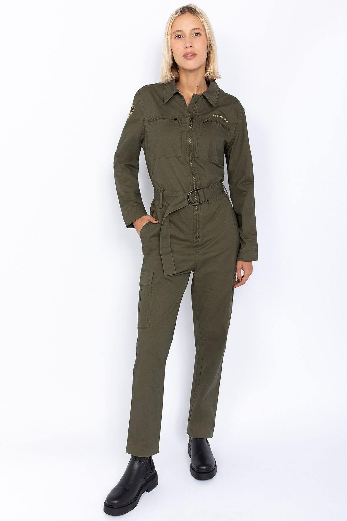 Khaki cotton military jumpsuit for women - Image n°10