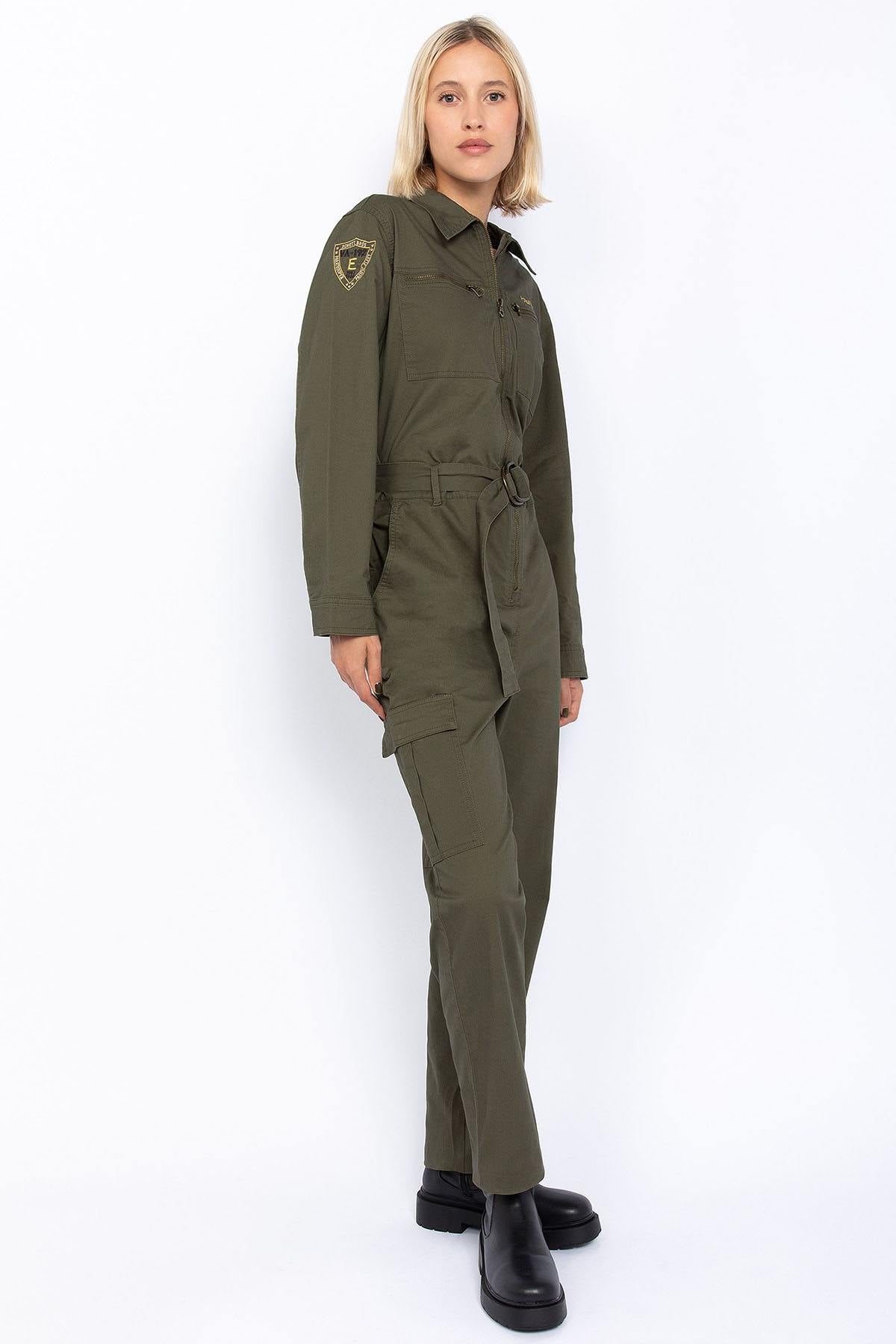 Khaki cotton military jumpsuit for women - Image n°4