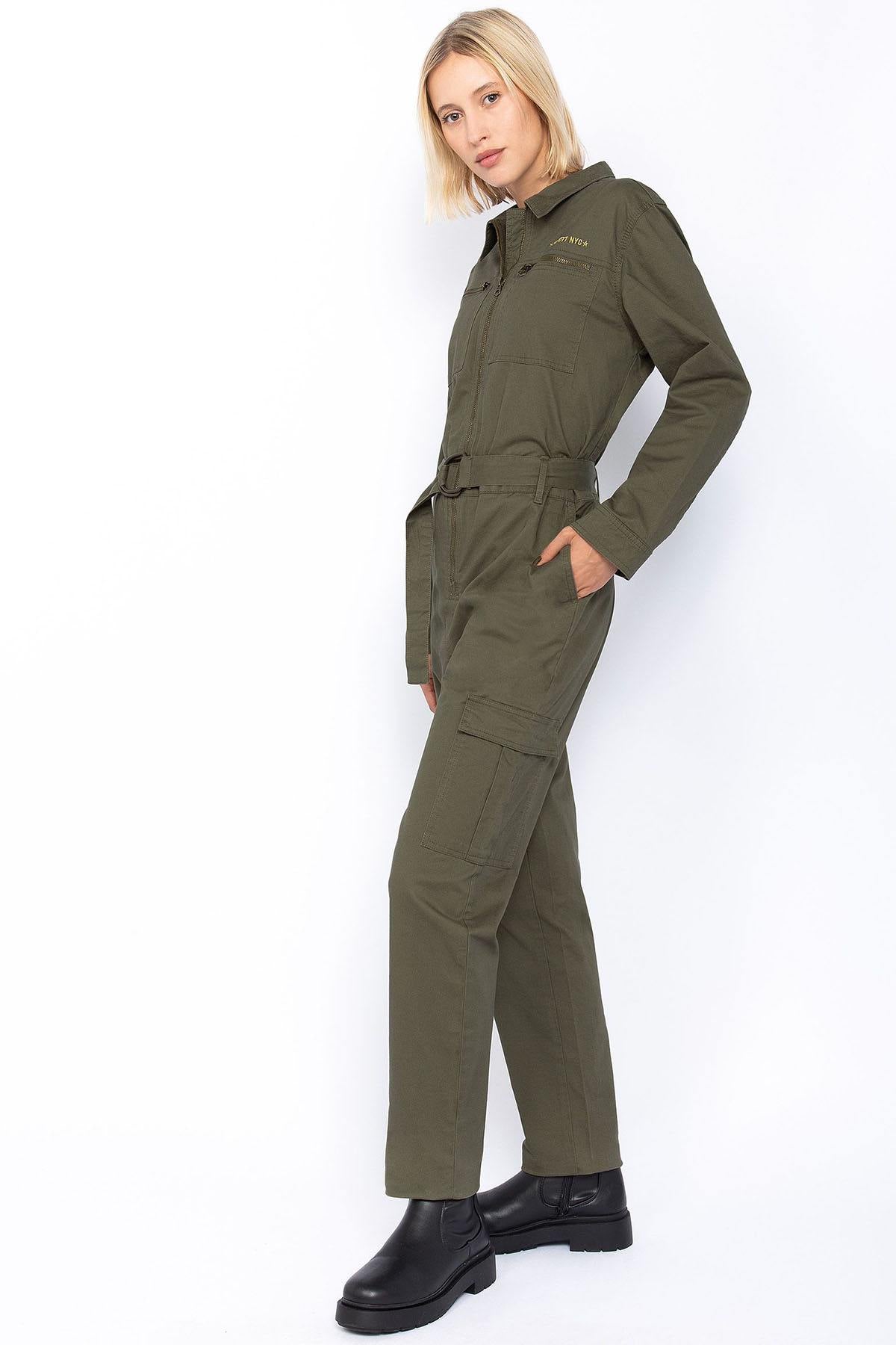 Khaki cotton military jumpsuit for women - Image n°2