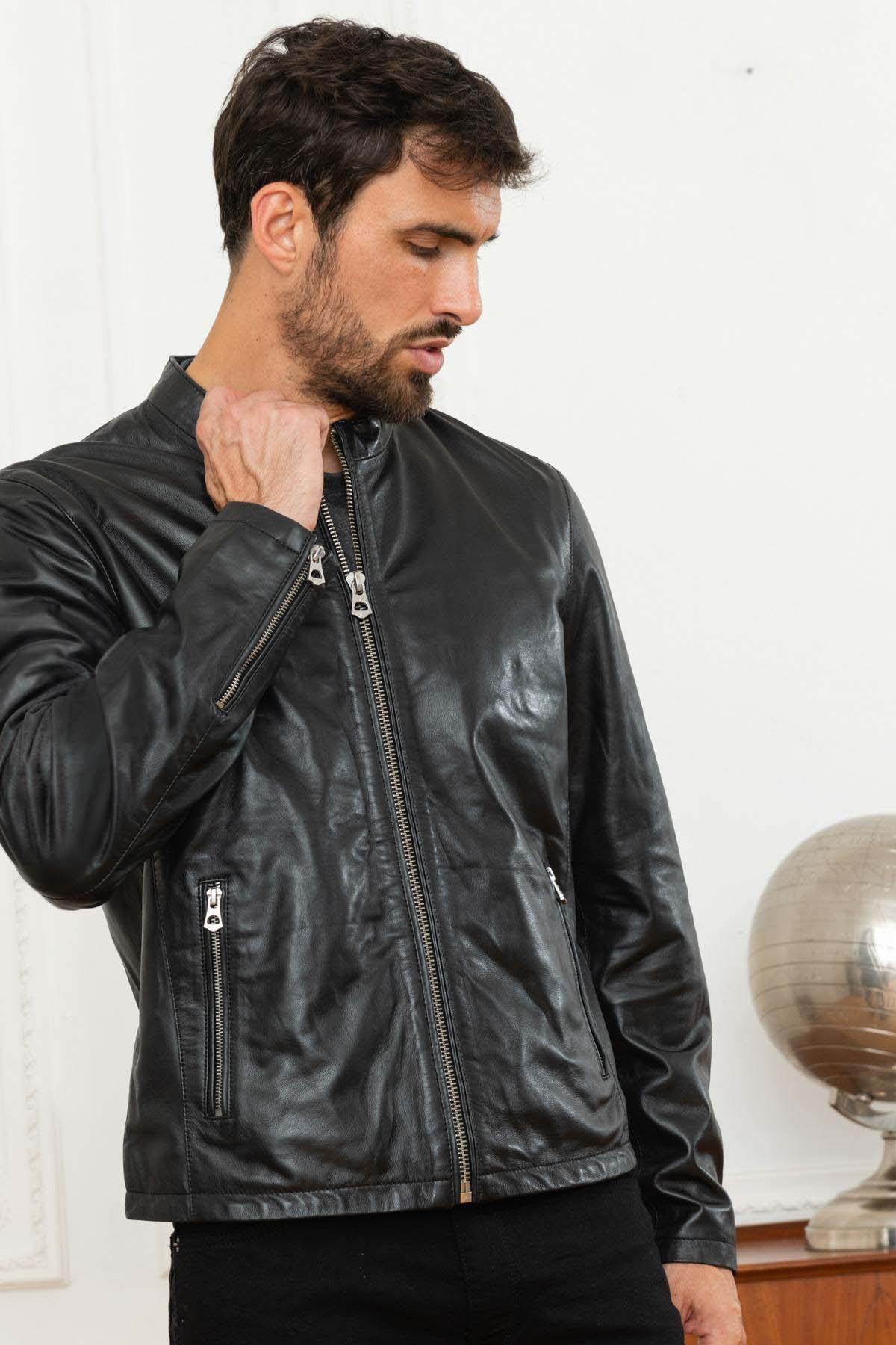 Round collar jacket in black genuine leather - Image n°6