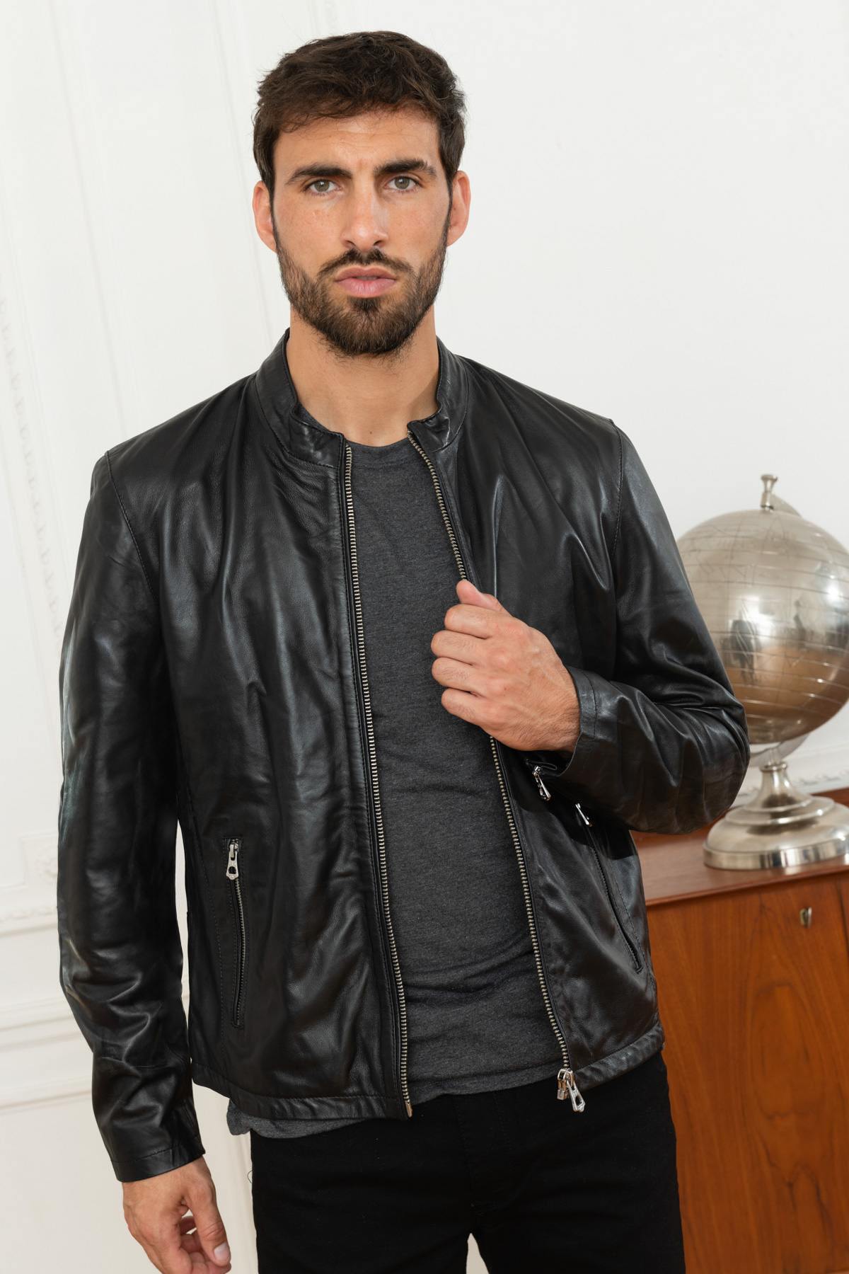 Round collar jacket in black genuine leather - Image n°7