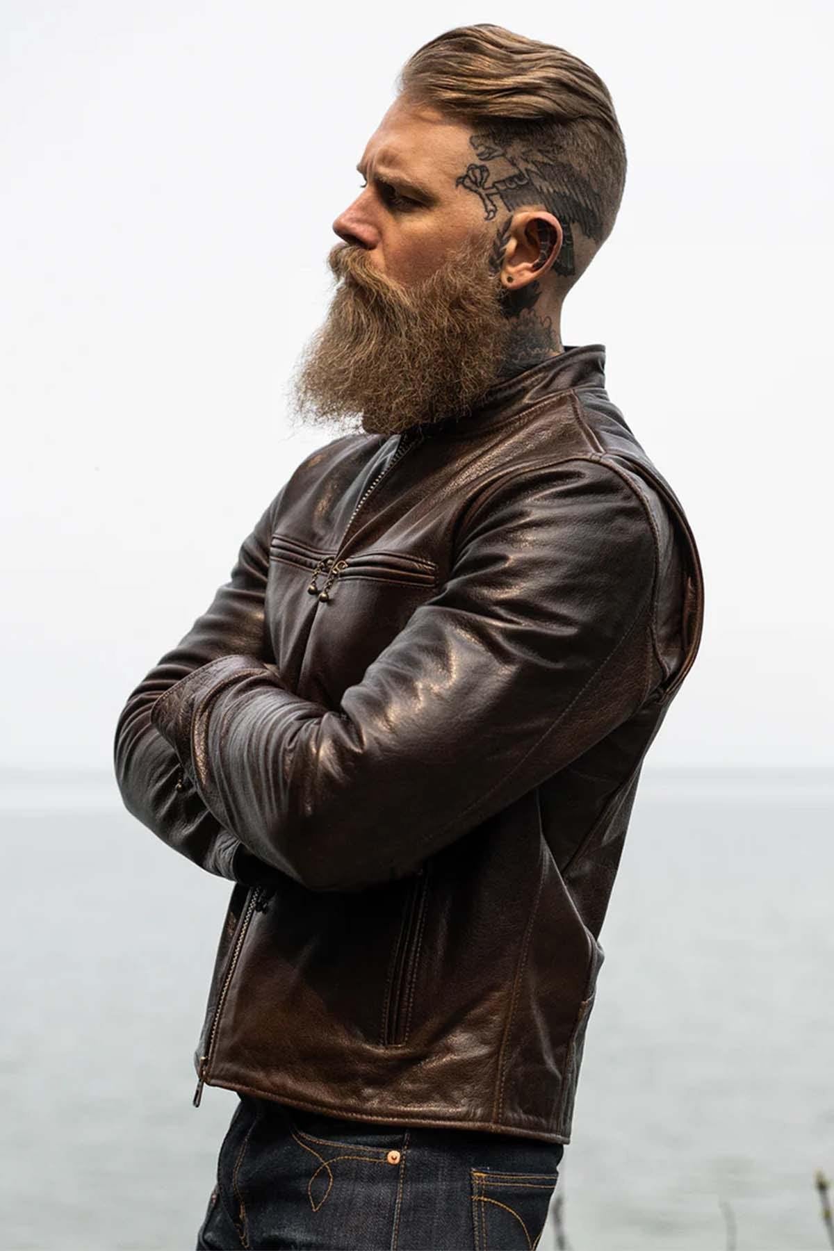 Quality leather jacket with vintage biker collar - Image n°6