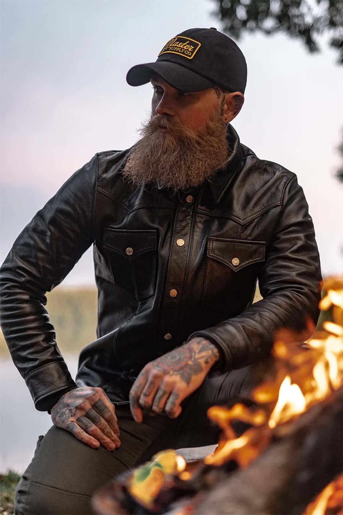 Black leather jacket inspired by western shirts - Image n°1