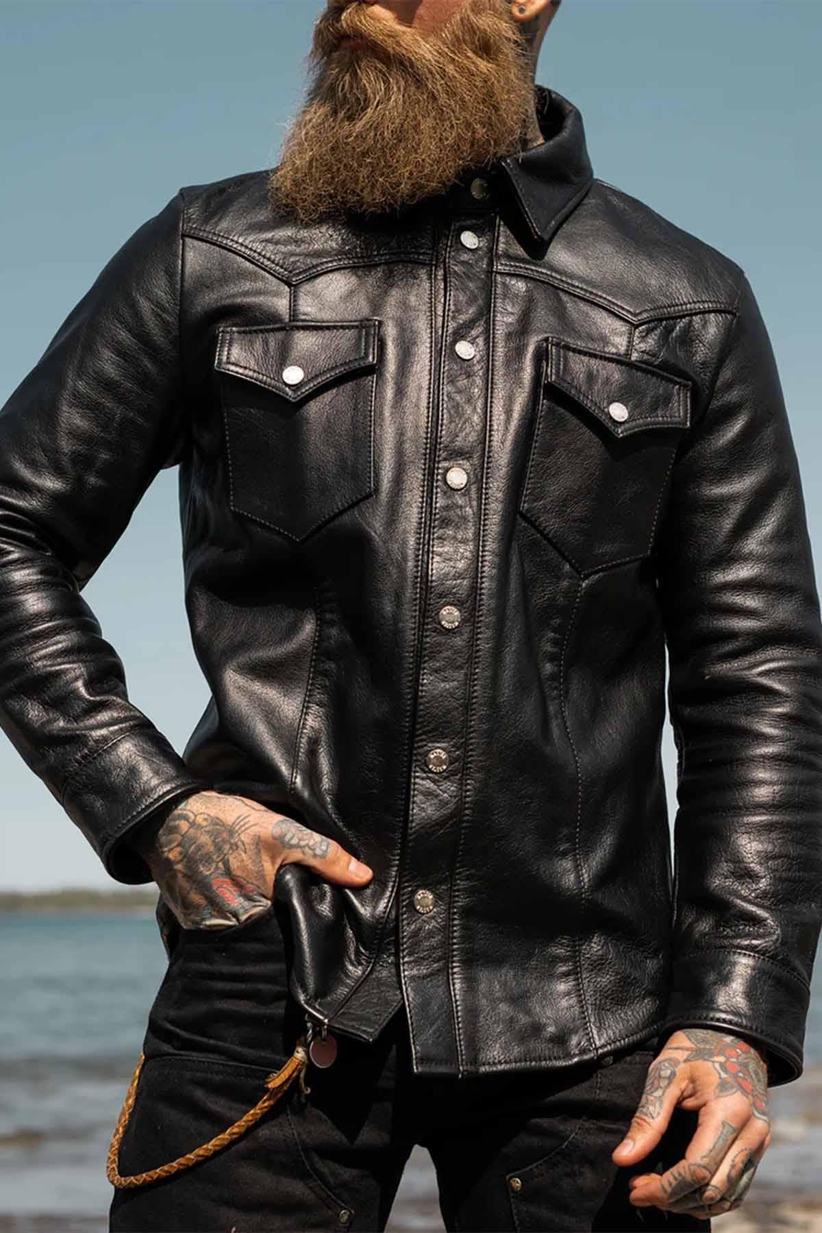 Black leather jacket inspired by western shirts - Image n°6