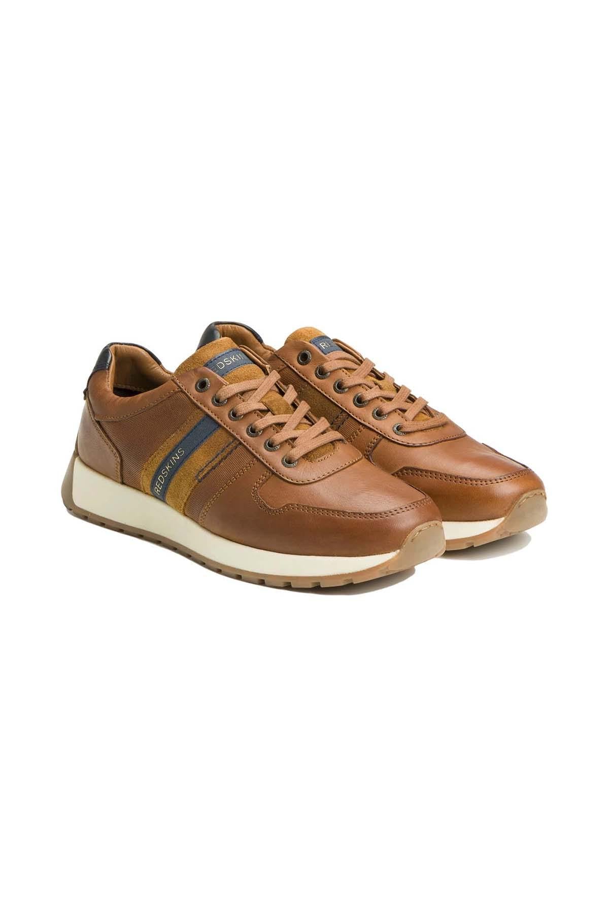 Cognac and navy blue leather sneakers - Image n°1