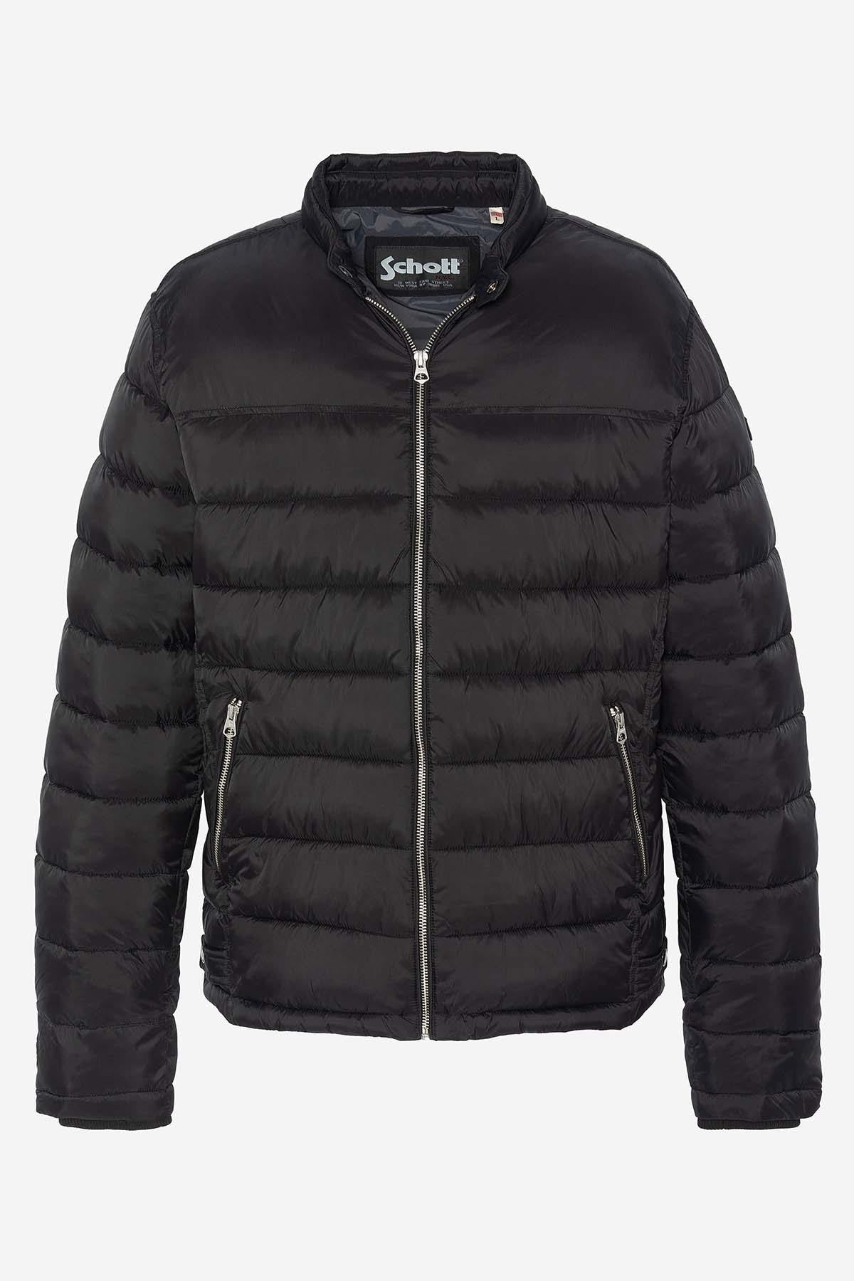 Black nylon down jacket with biker collar - Image n°1