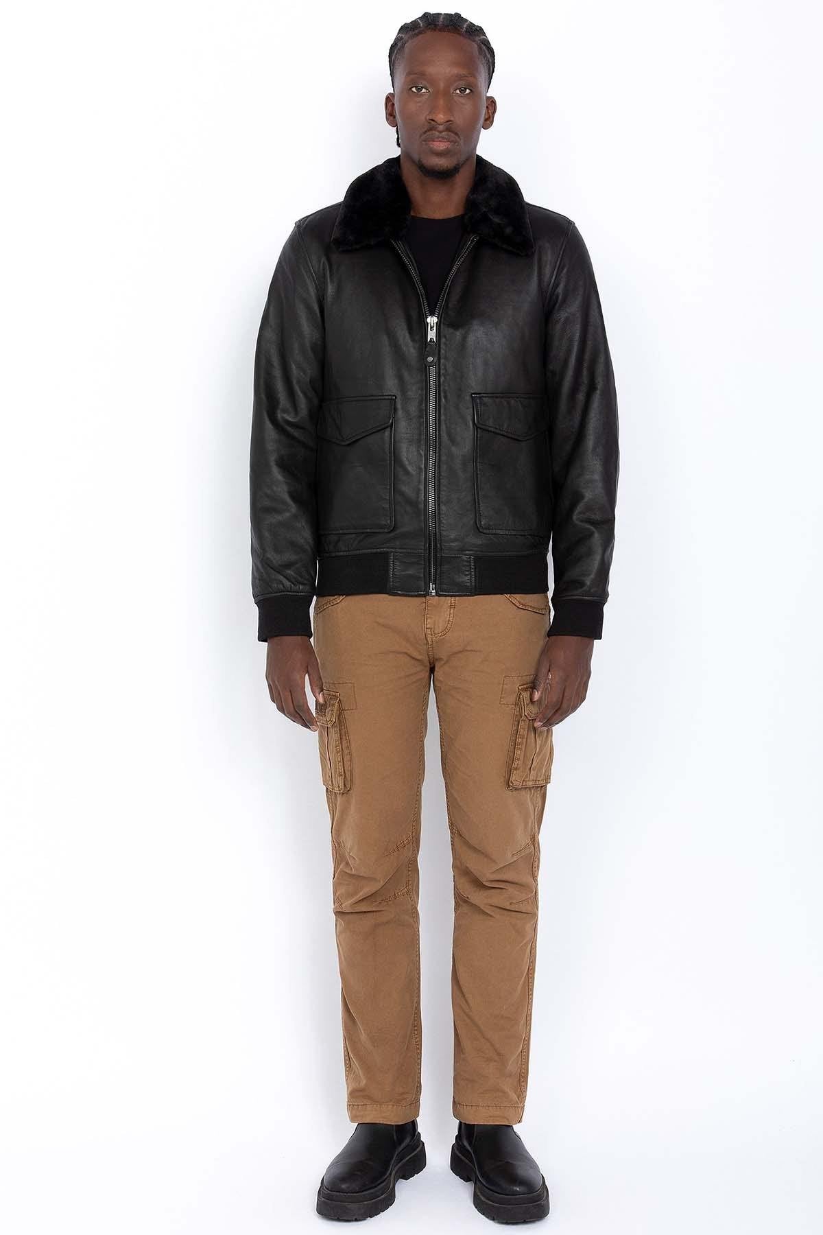 Men's black leather bomber jacket - Image n°3