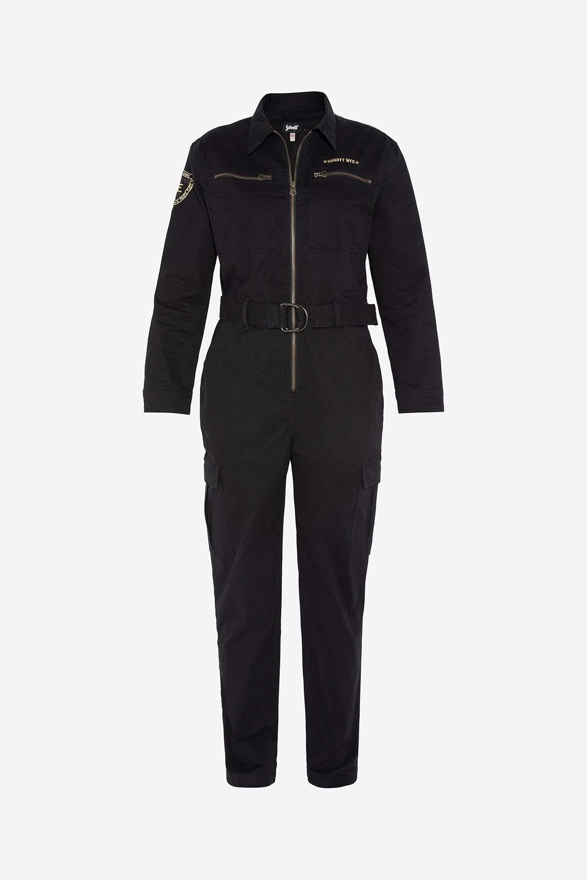 Black cotton military jumpsuit for women - Image n°1