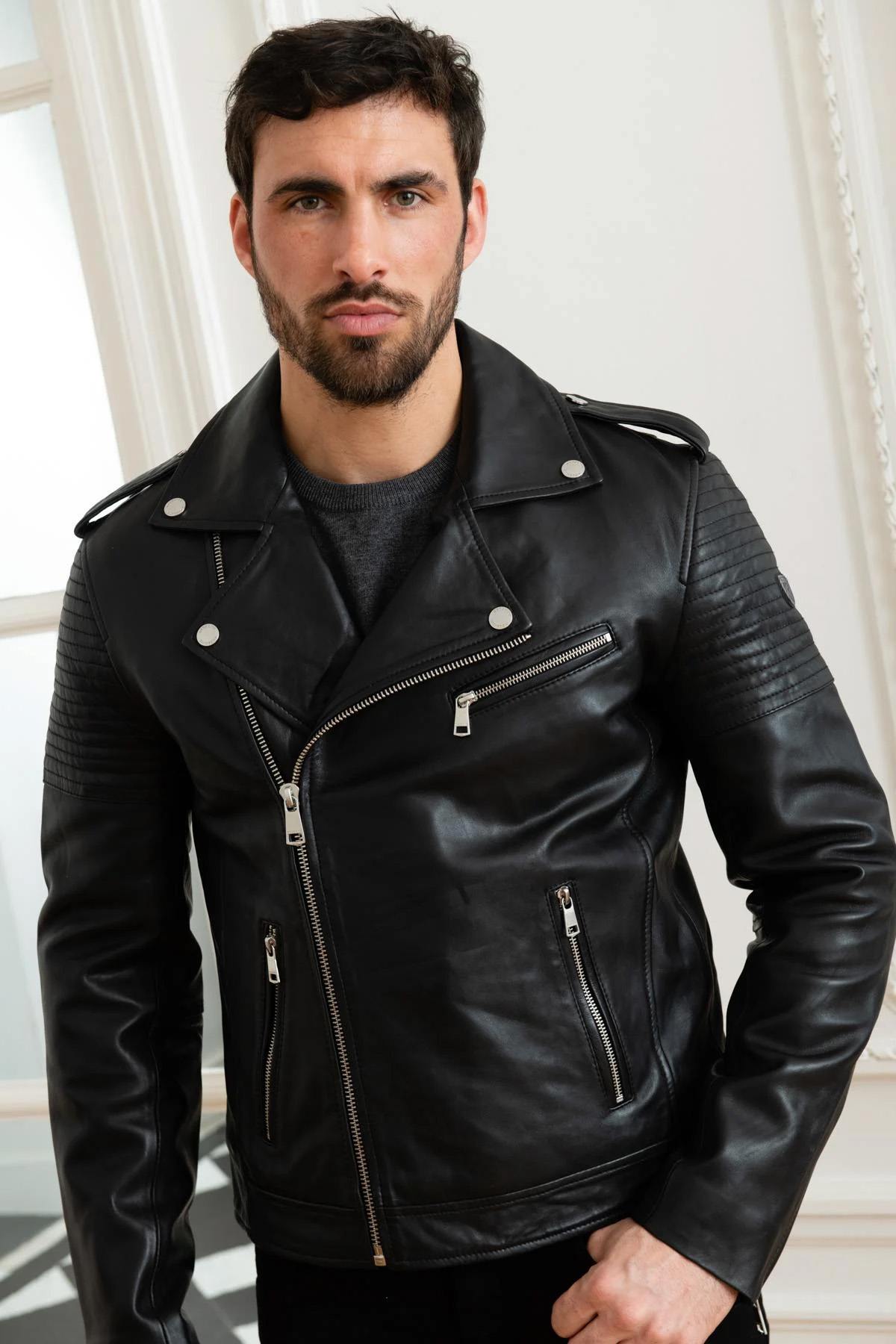 Men's black quilted leather perfecto - Image n°3