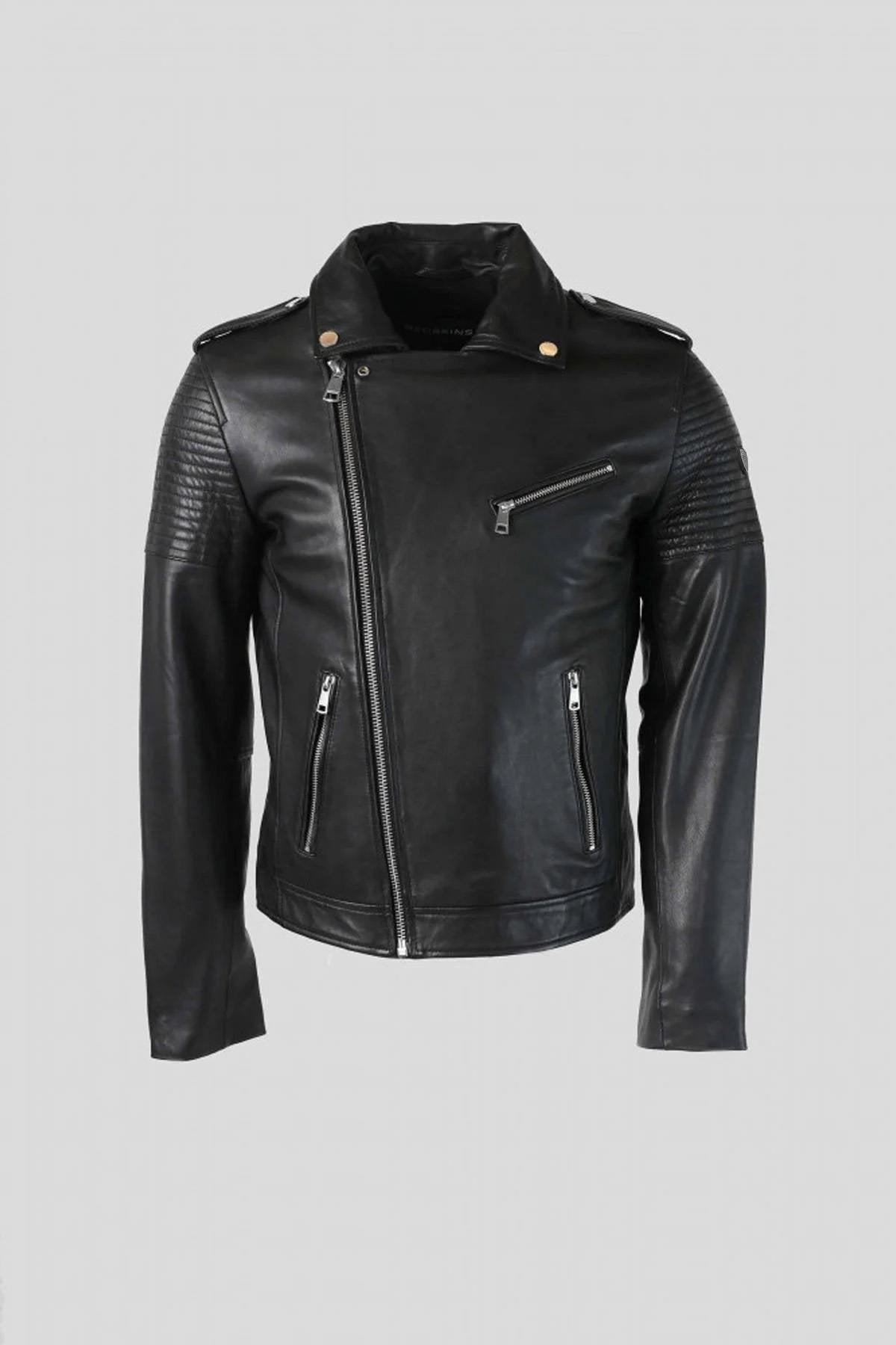 Men's black quilted leather Biker Jacket - Image n°9