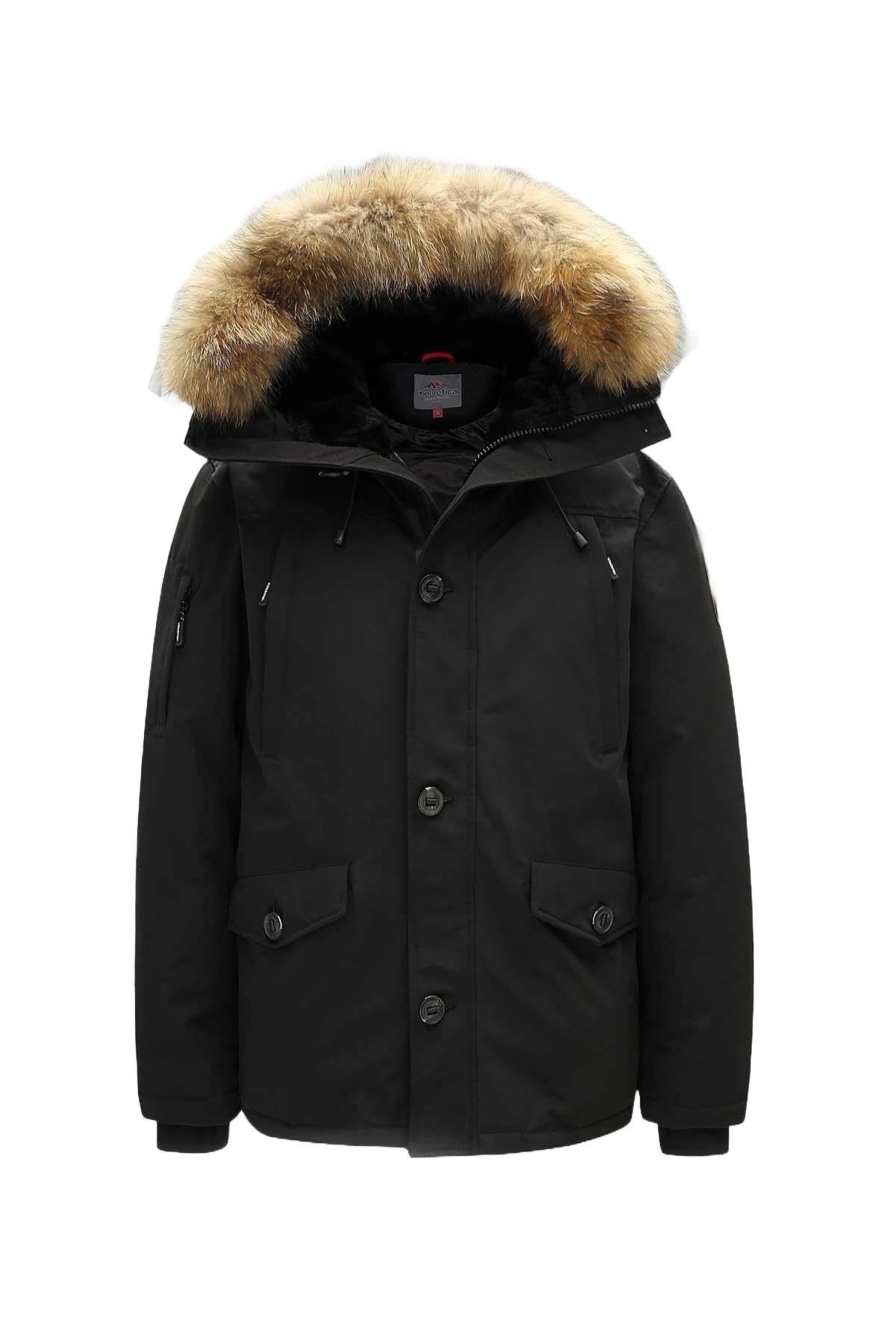 Men's black parka with fur hood - Image n°1