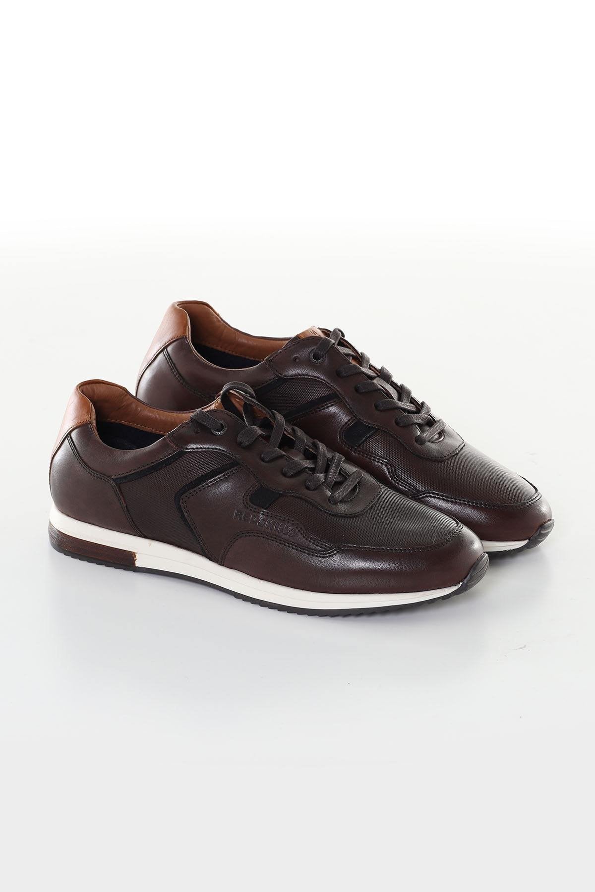 Brown and navy leather sneakers - Image n°1