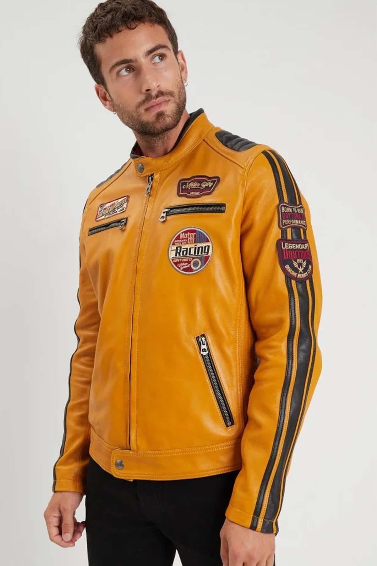 Yellow biker leather jacket with racing patches - Image n°3