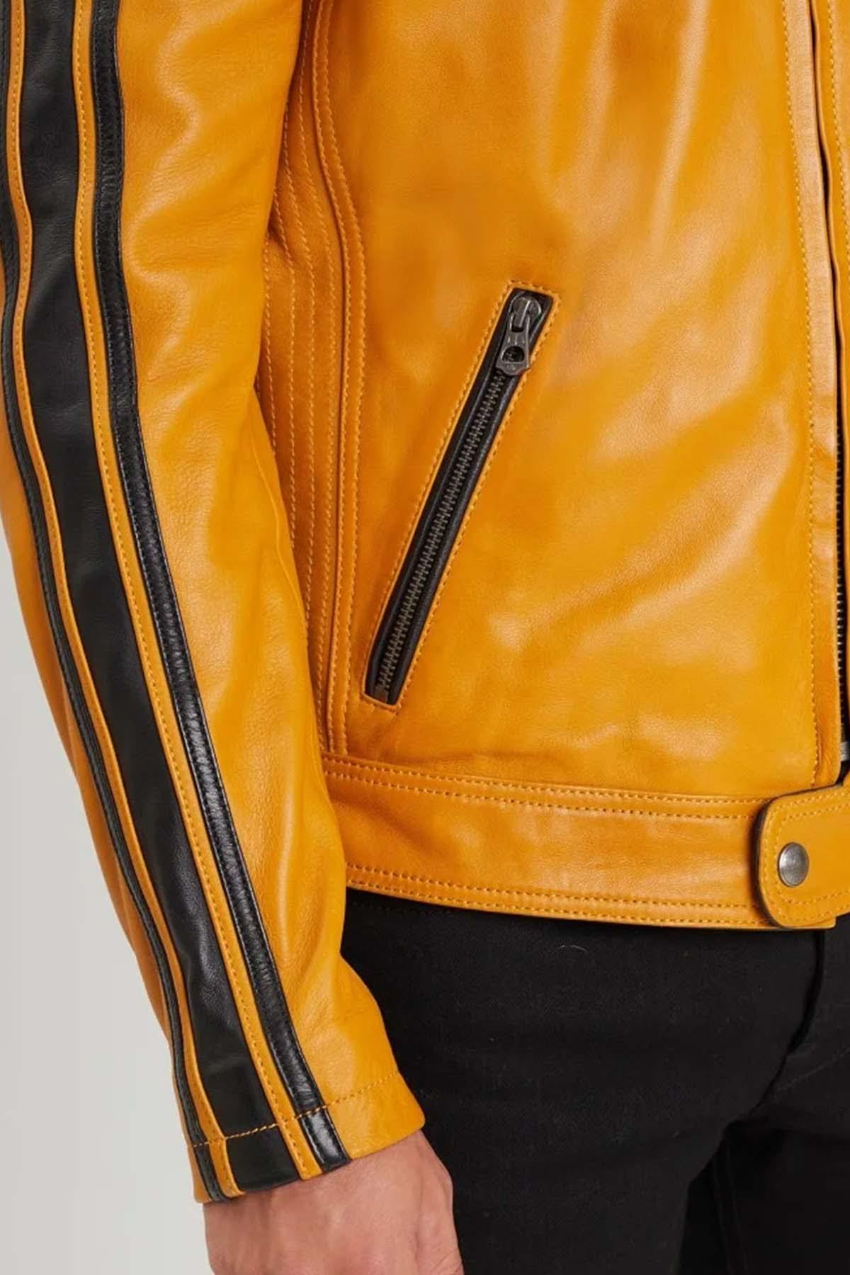 Yellow biker leather jacket with racing patches - Image n°5