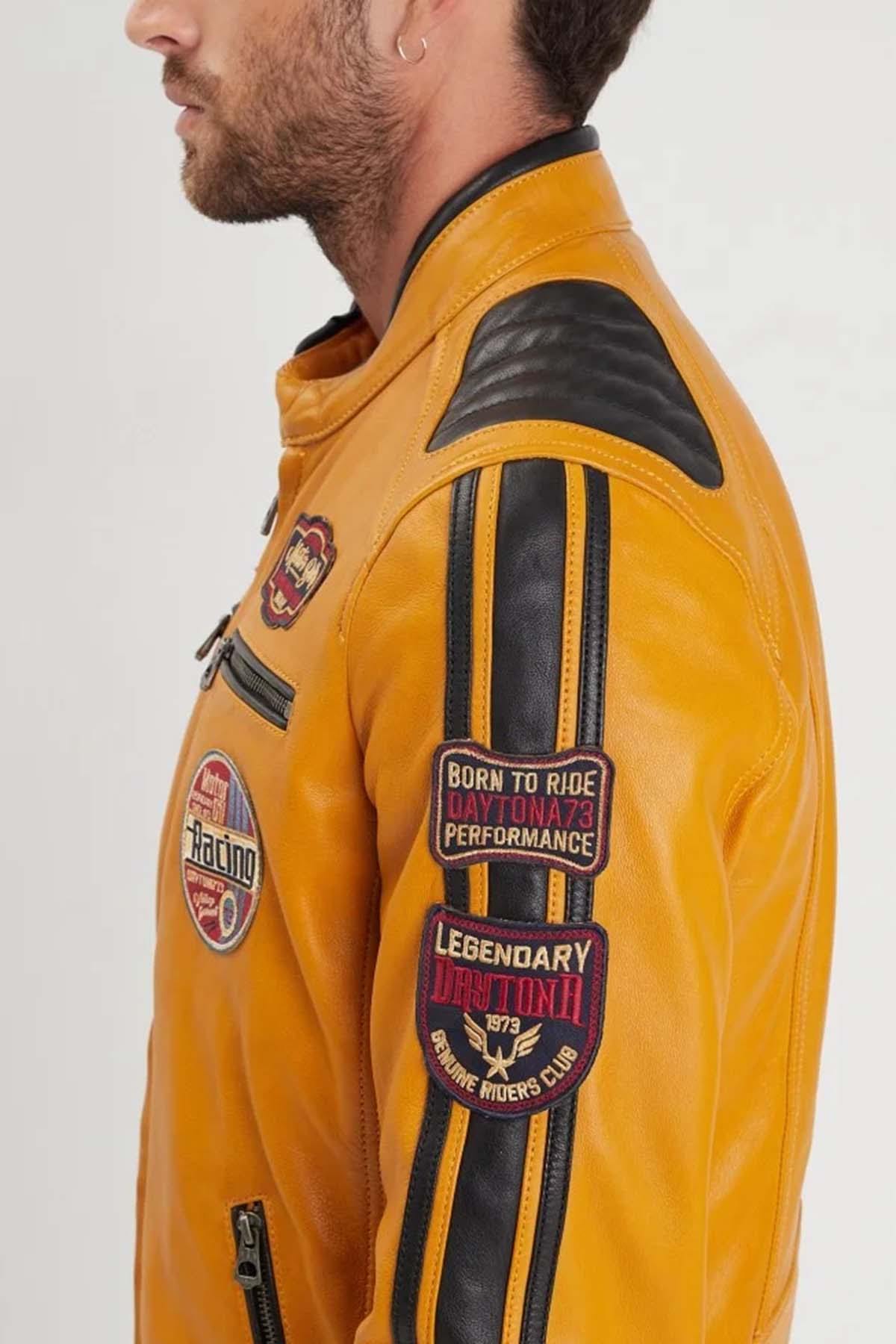 Yellow biker leather jacket with racing patches - Image n°7