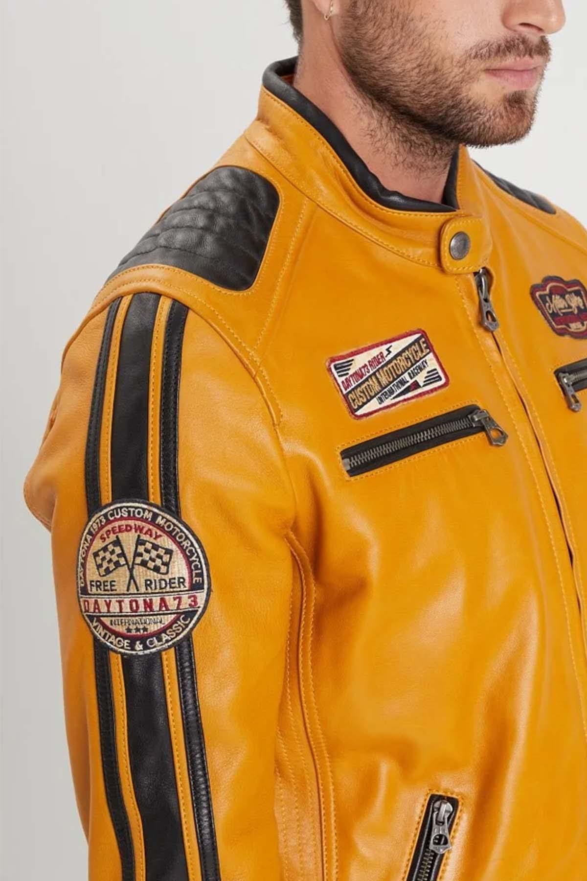 Yellow biker leather jacket with racing patches - Image n°4