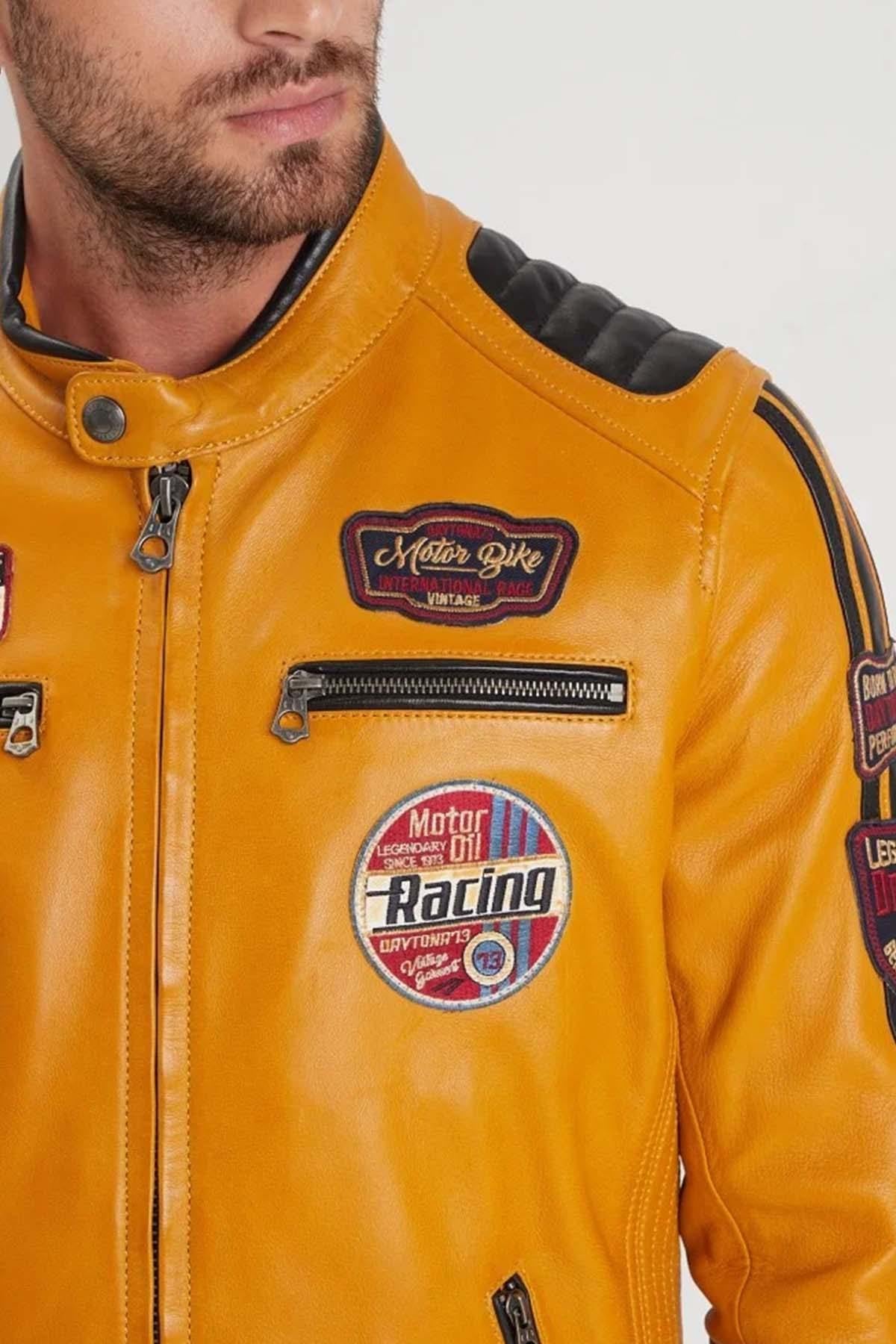 Yellow biker leather jacket with racing patches - Image n°2