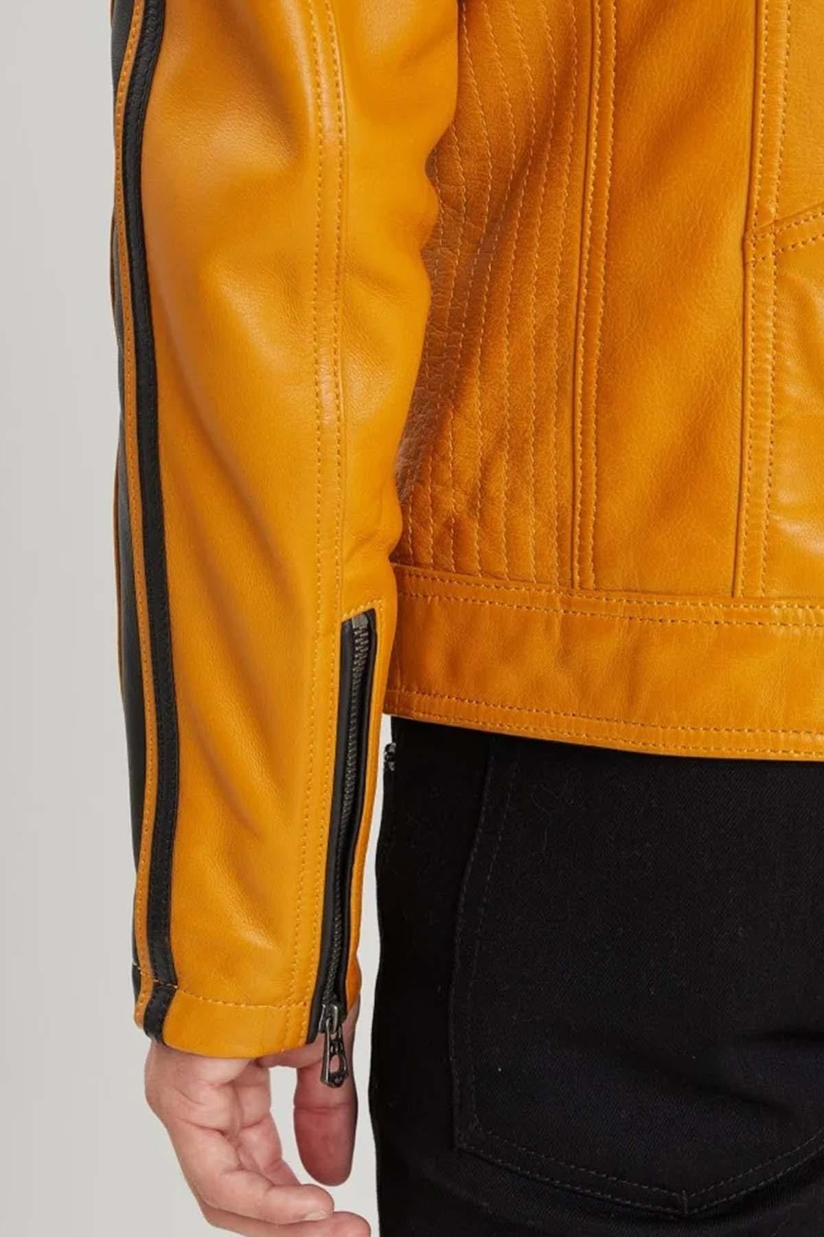 Yellow biker leather jacket with racing patches - Image n°9