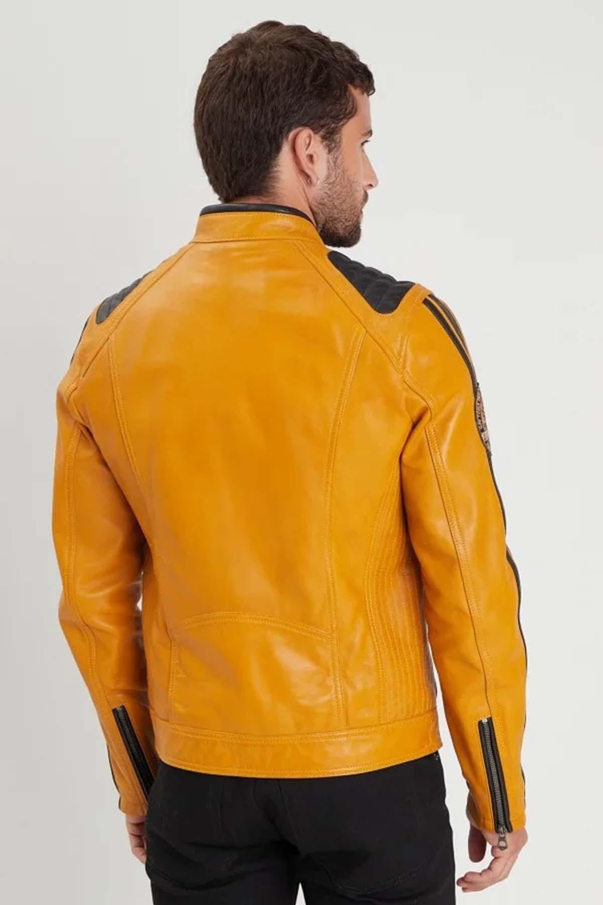 Yellow biker leather jacket with racing patches - Image n°6