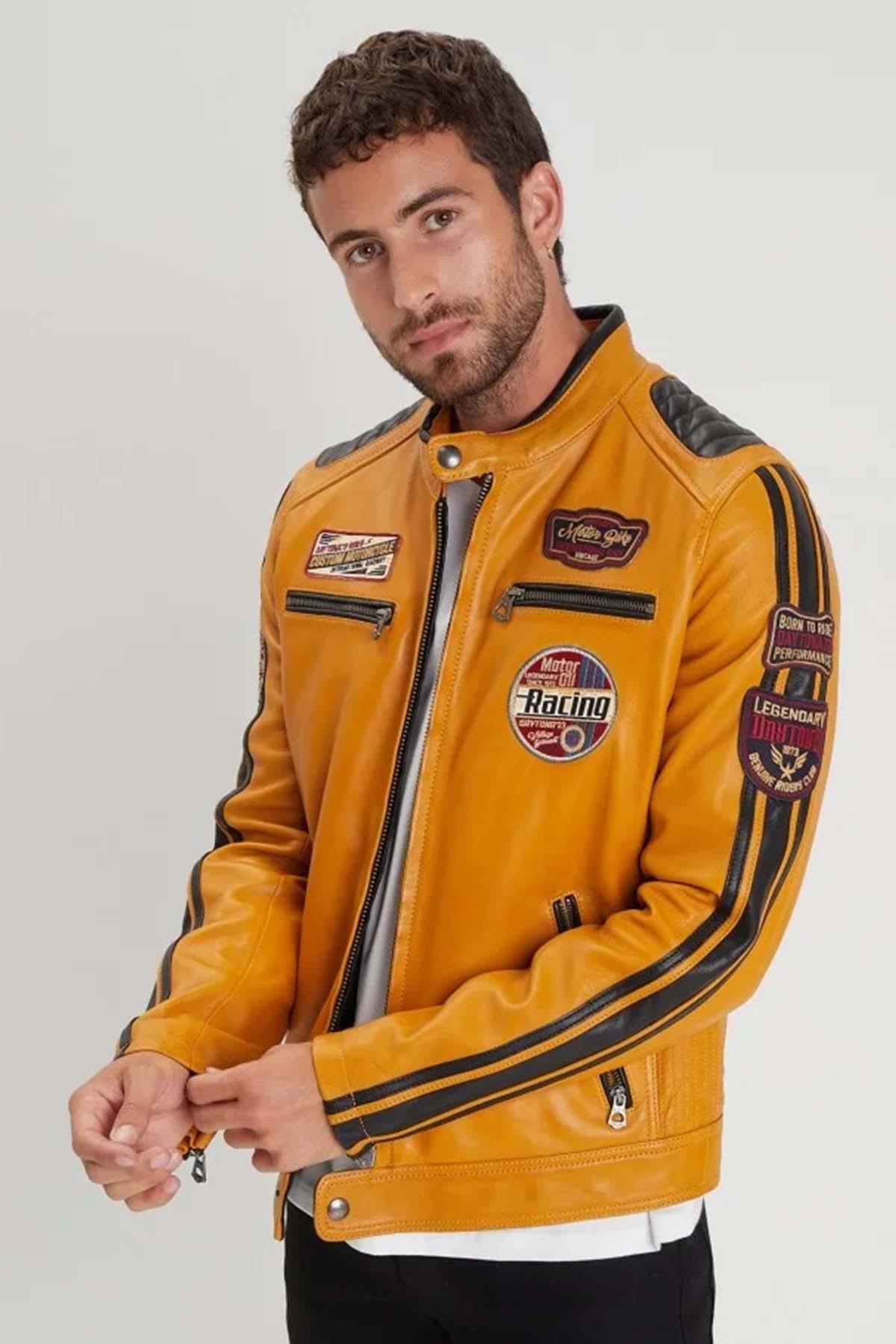 Yellow biker leather jacket with racing patches - Image n°1