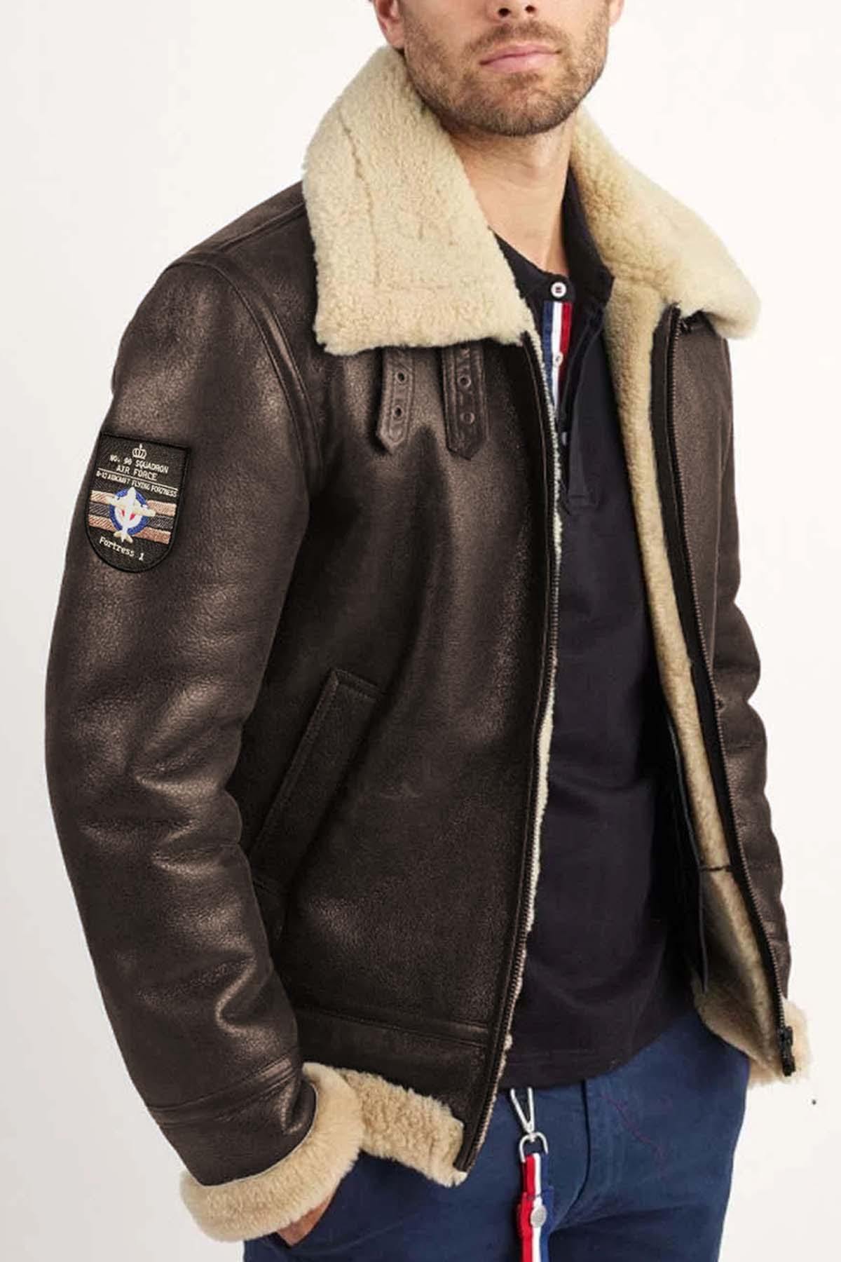 Brown shearling bomber jacket - Image n°1