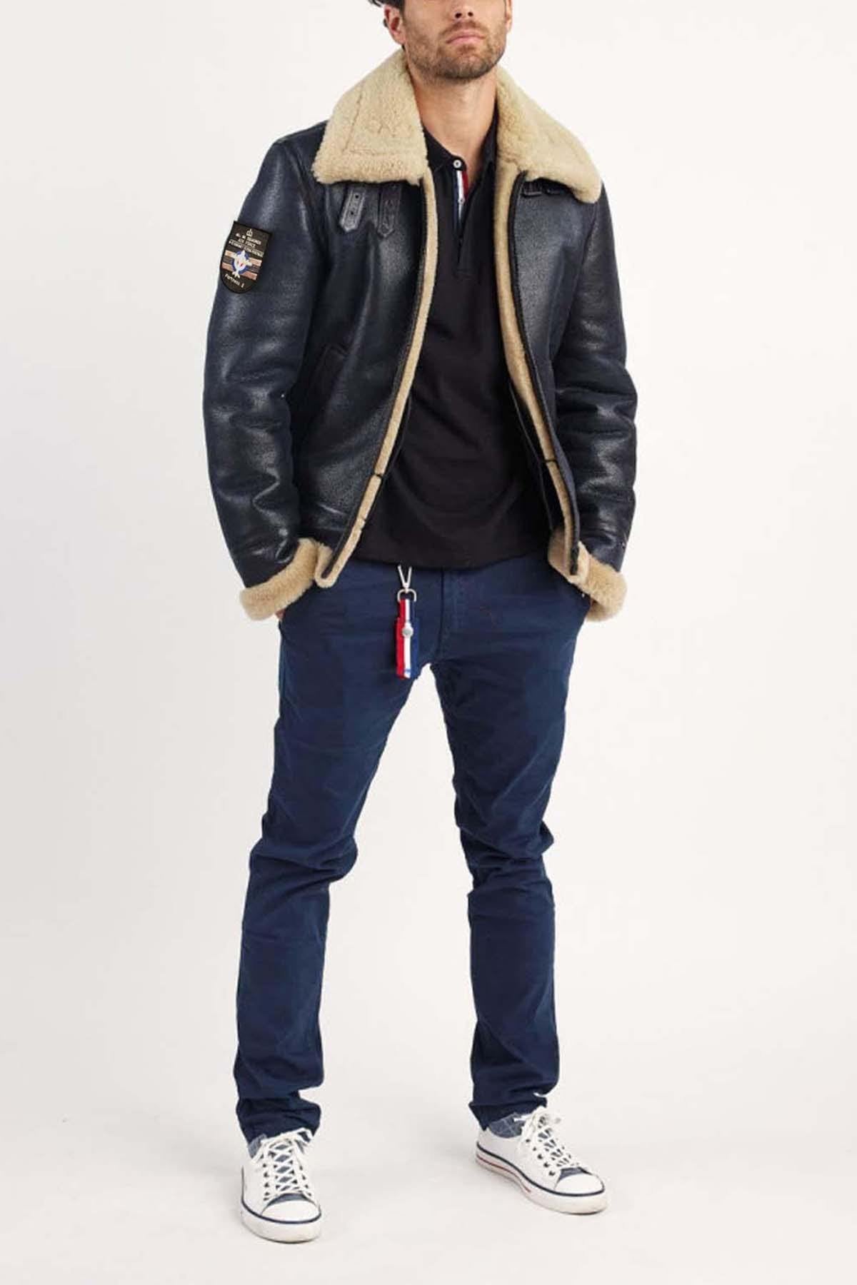 Navy blue shearling bomber jacket - Image n°4