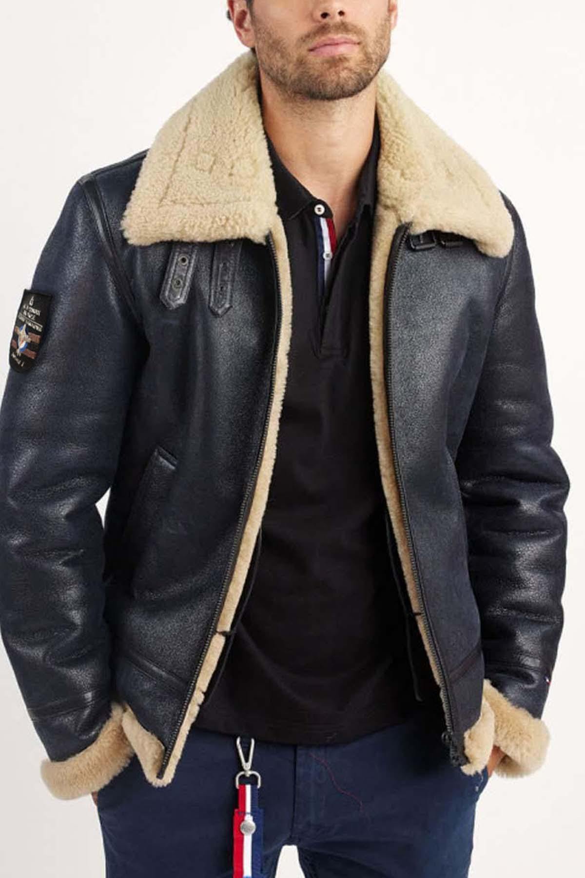 Navy blue shearling bomber jacket - Image n°5