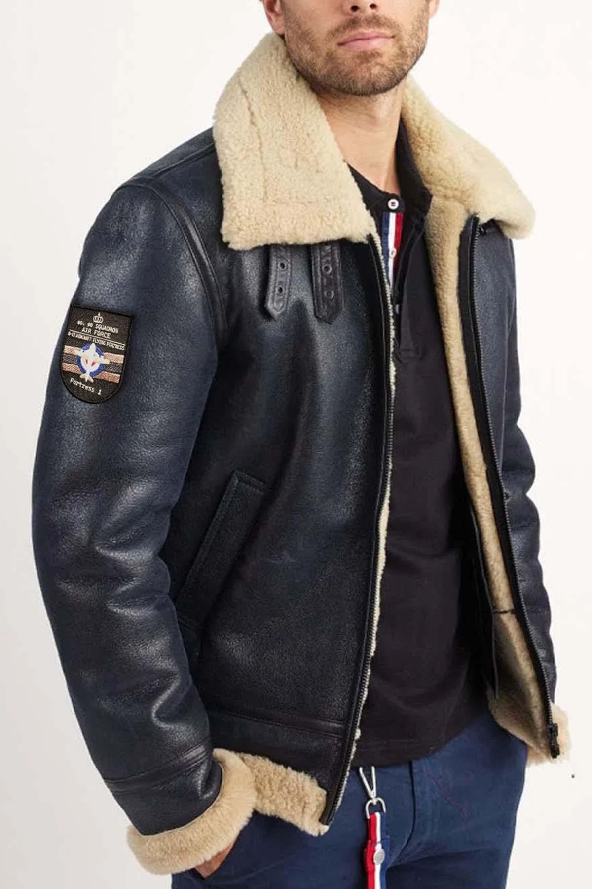 Navy blue shearling bomber jacket - Image n°1