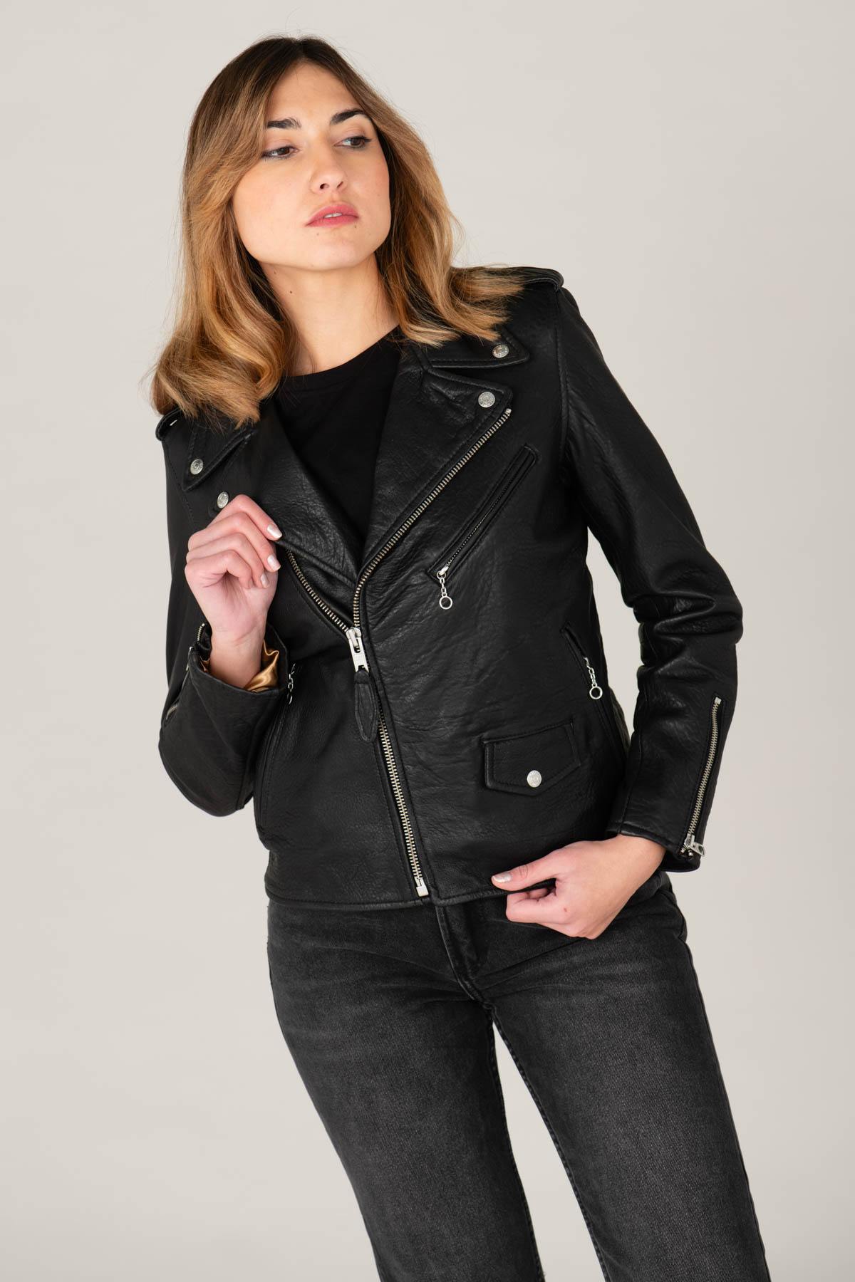 Women's black leather perfecto with grainy look - Image n°3