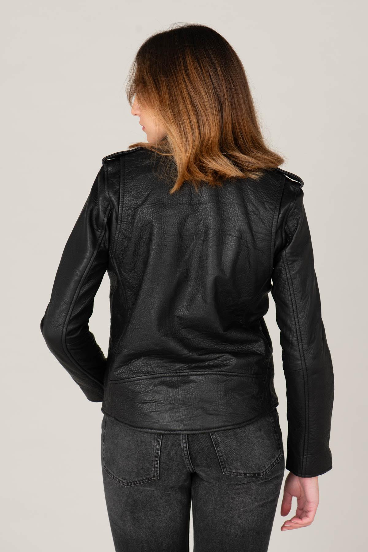 Women's black leather perfecto with grainy look - Image n°7