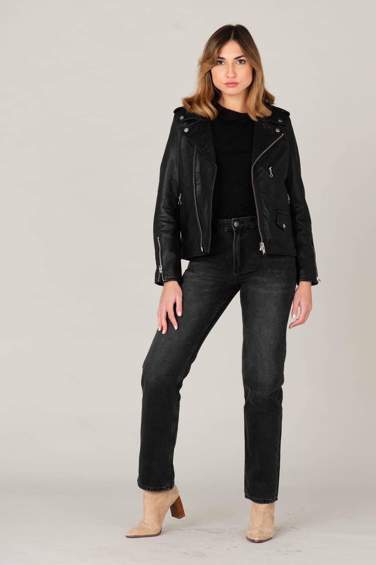 Women's black leather perfecto with grainy look - Image n°2