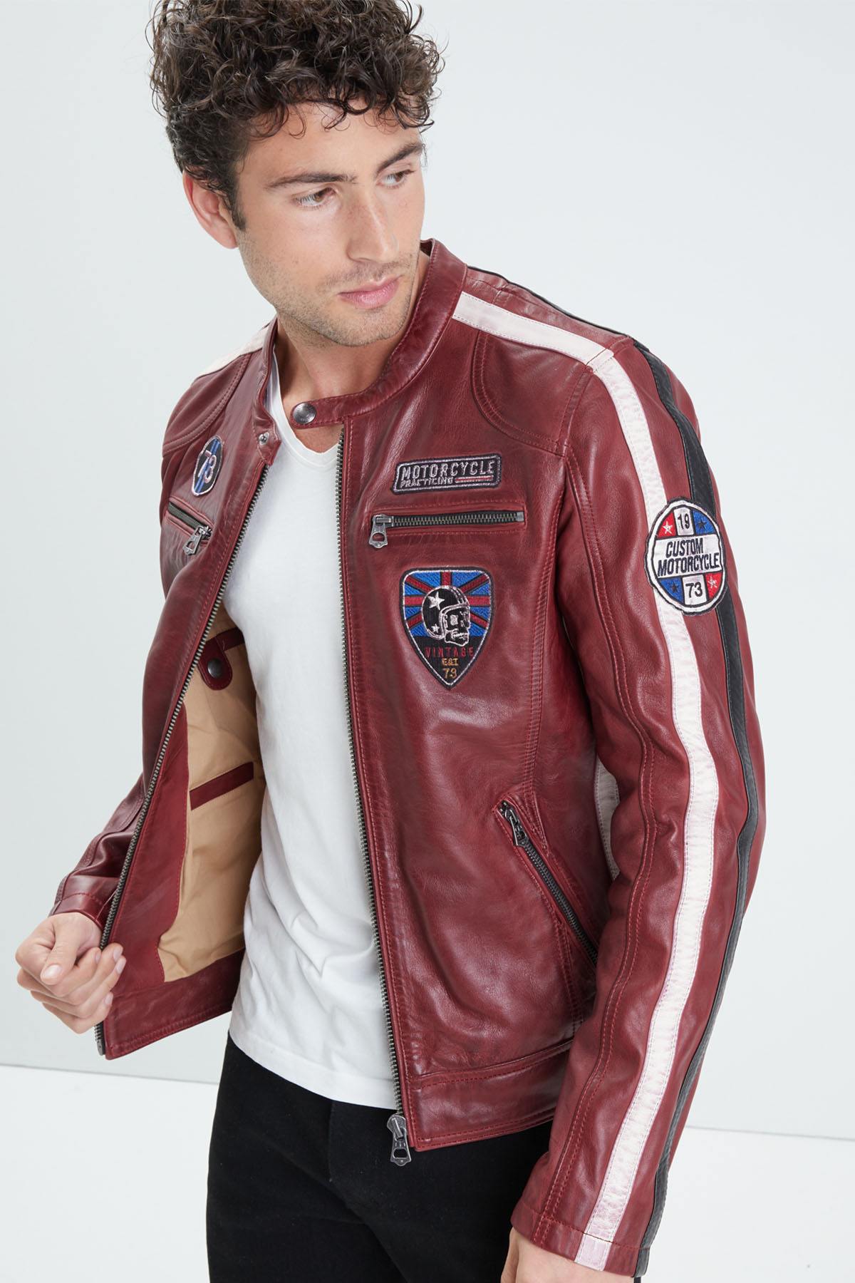 Red racing leather jacket for men - Image n°1