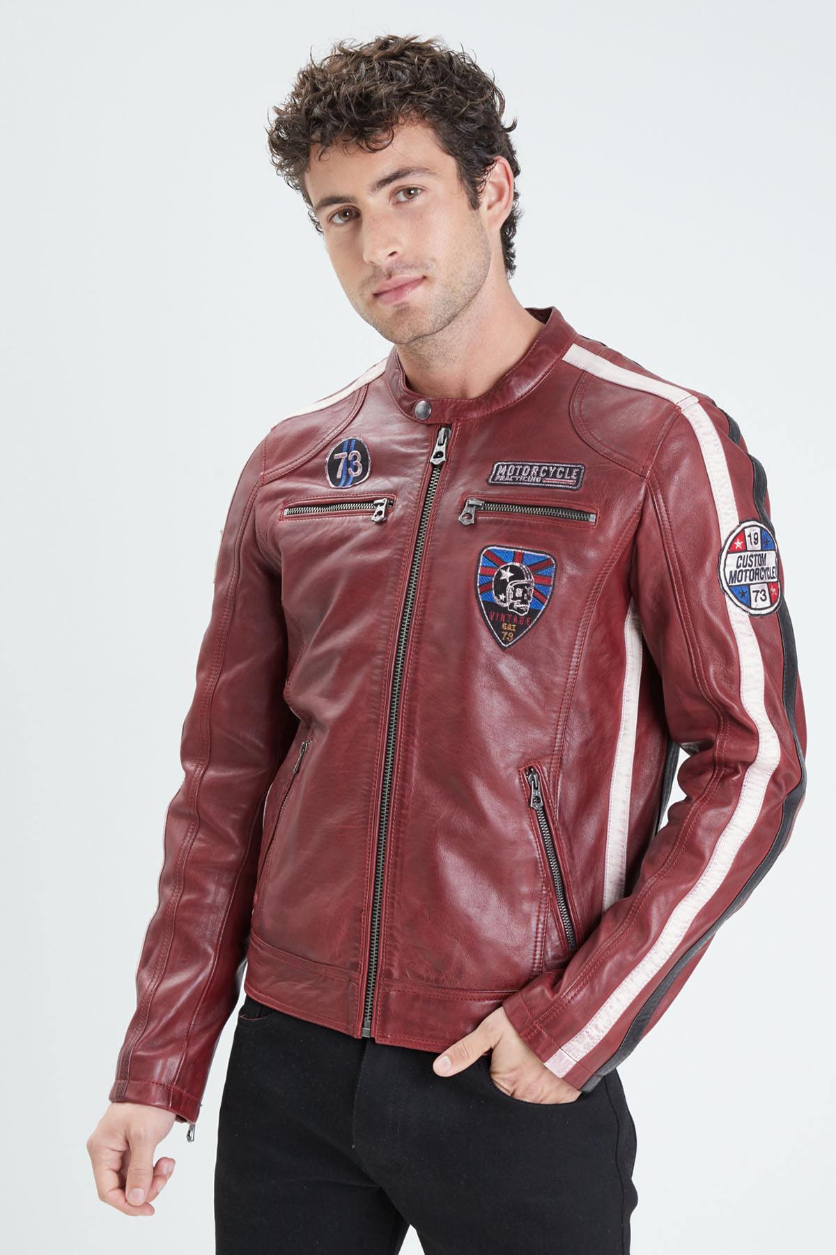 Red racing leather jacket for men - Image n°3