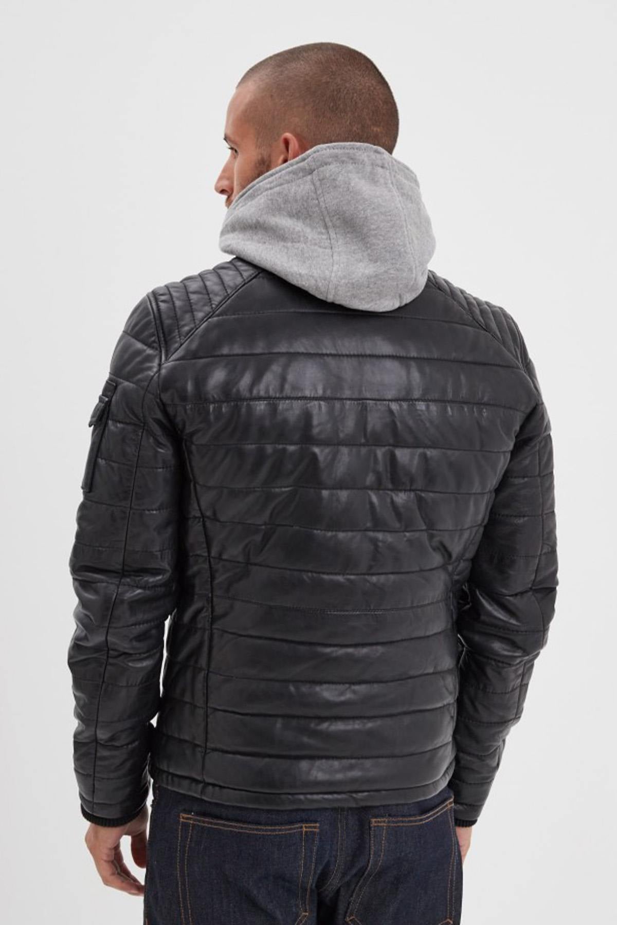 Black leather down jacket with removable hooded lining - Image n°2