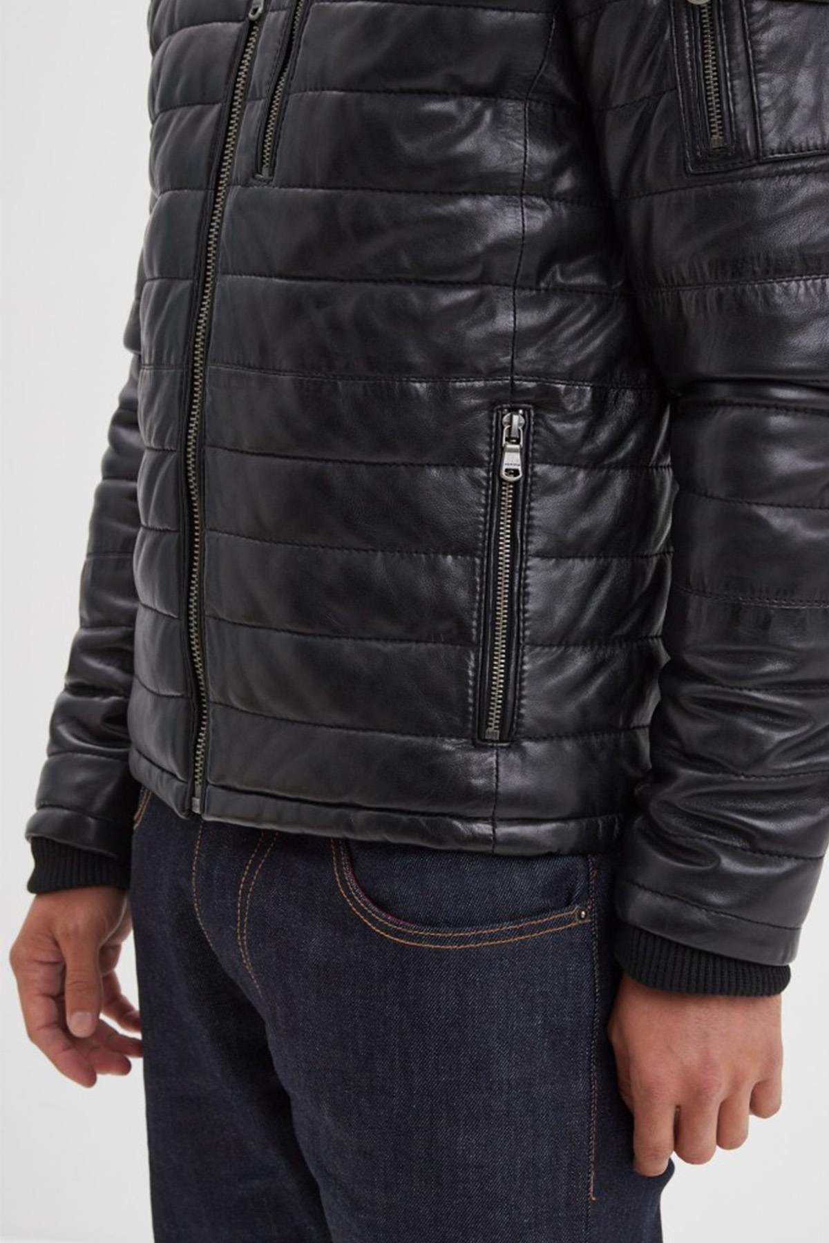 Black leather down jacket with removable hooded lining - Image n°6