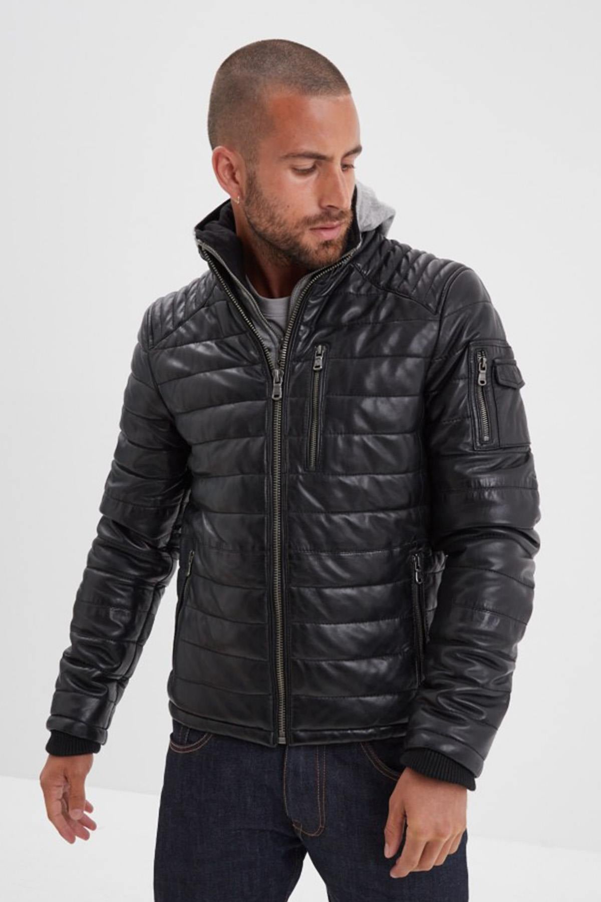 Black leather down jacket with removable hooded lining - Image n°4