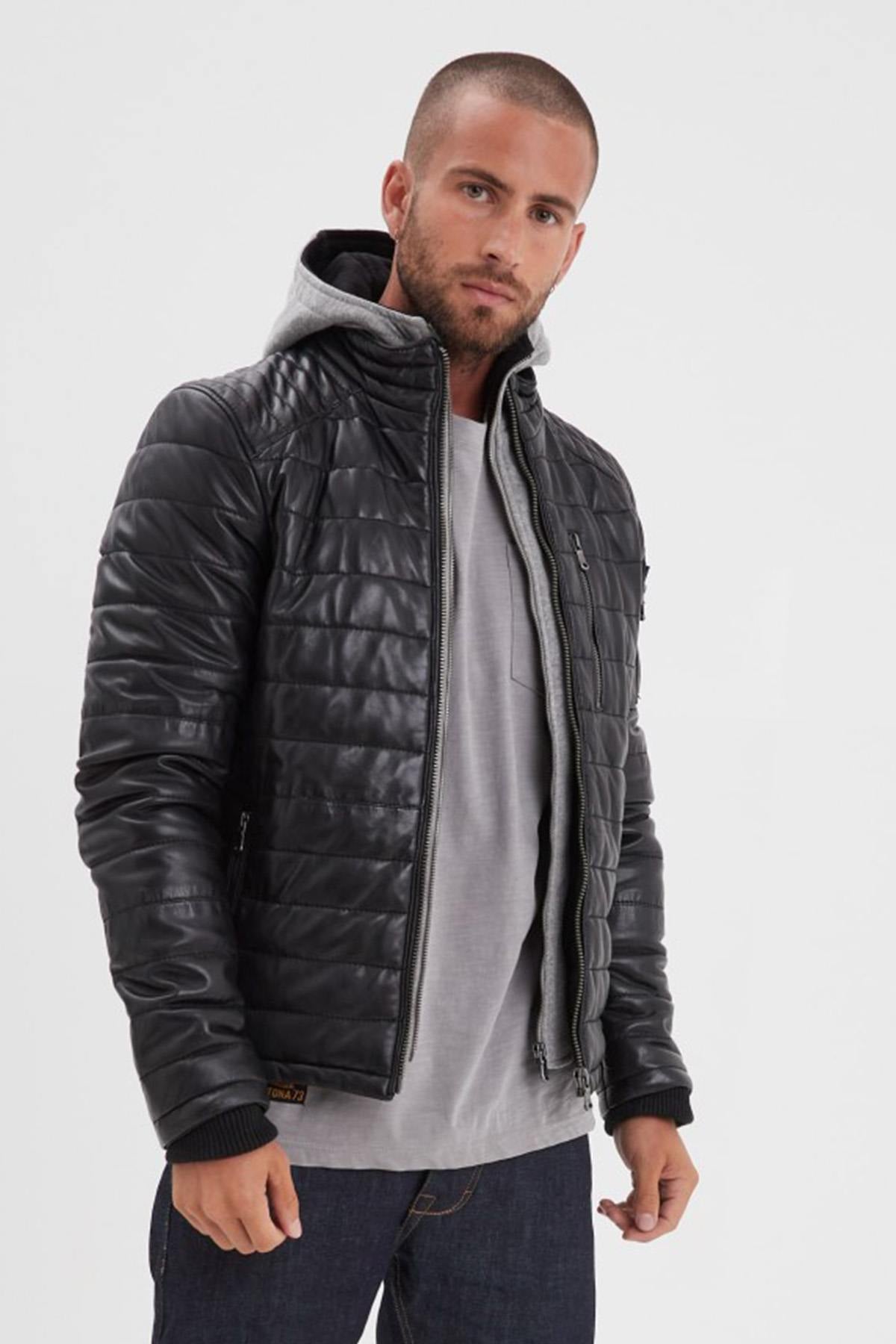 Black leather down jacket with removable hooded lining - Image n°1