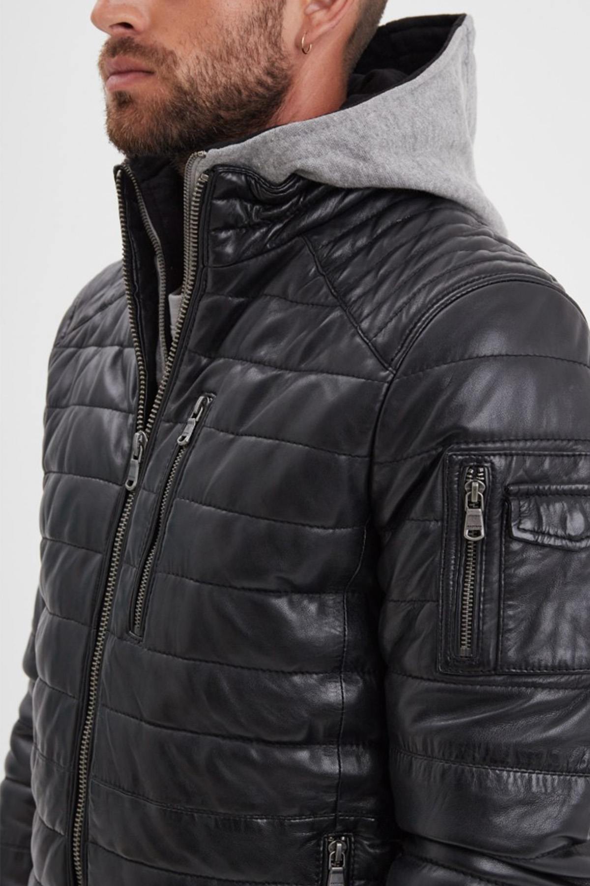 Black leather down jacket with removable hooded lining - Image n°3