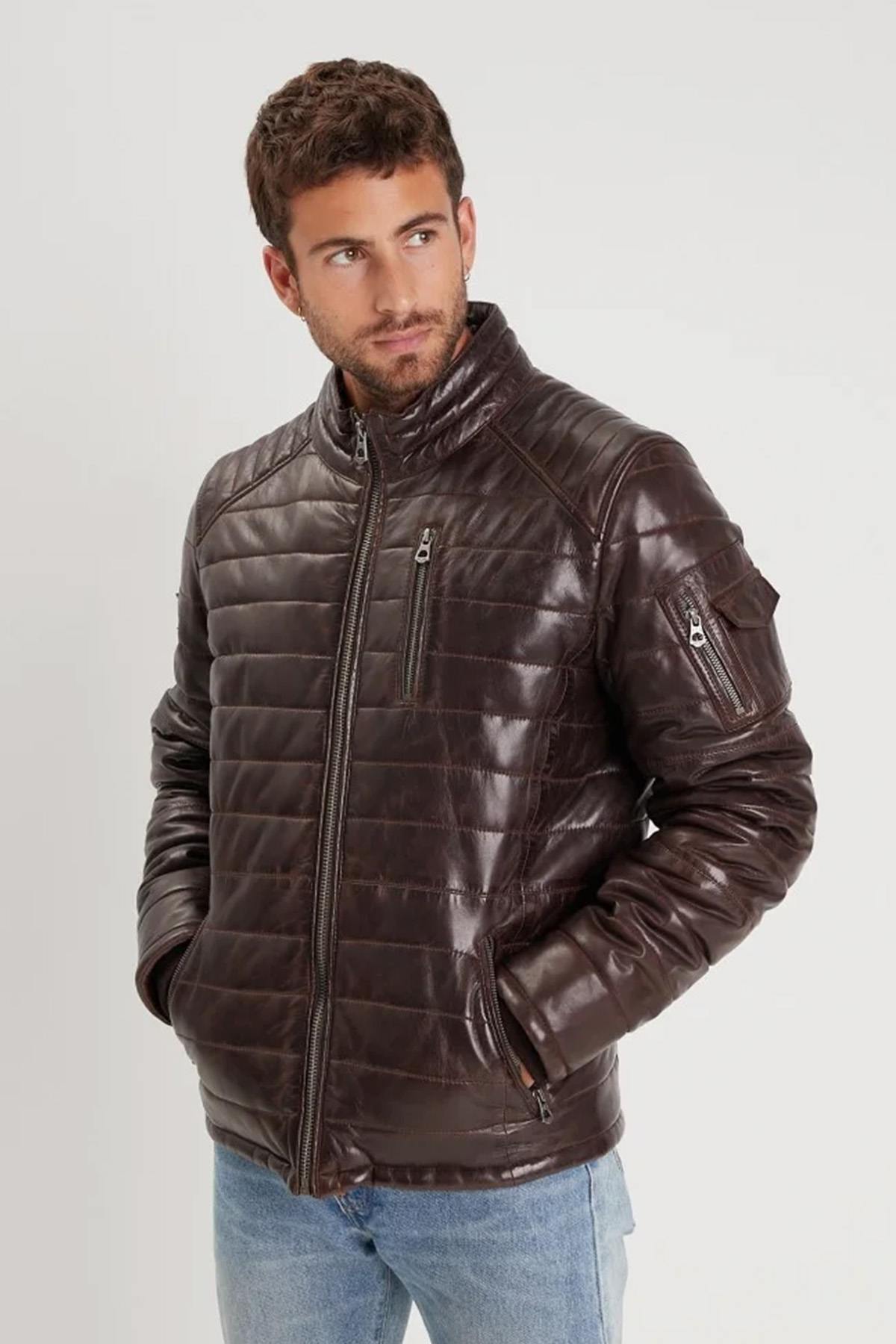 Brown leather down jacket with removable hooded lining - Image n°5