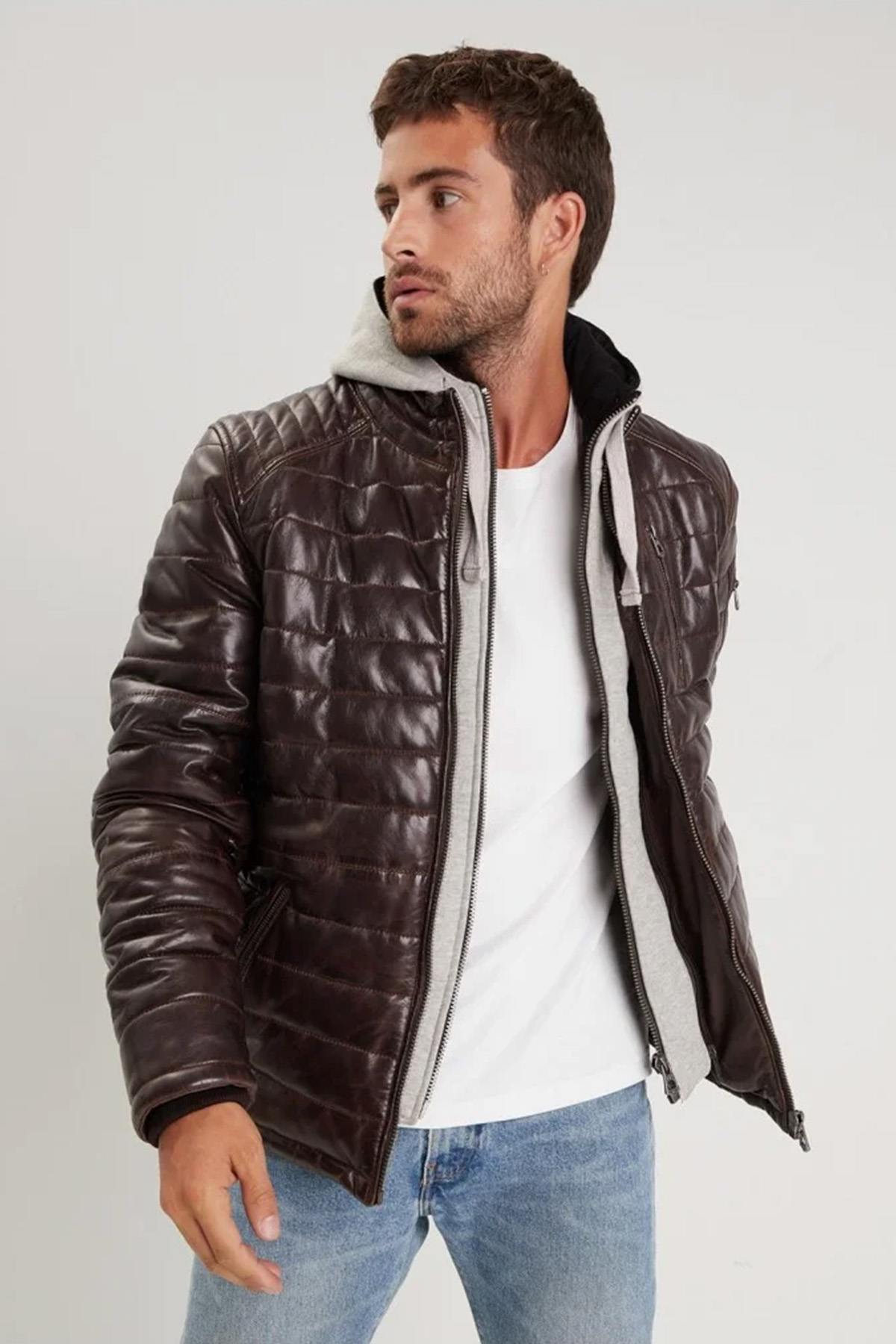 Brown leather down jacket with removable hooded lining - Image n°1