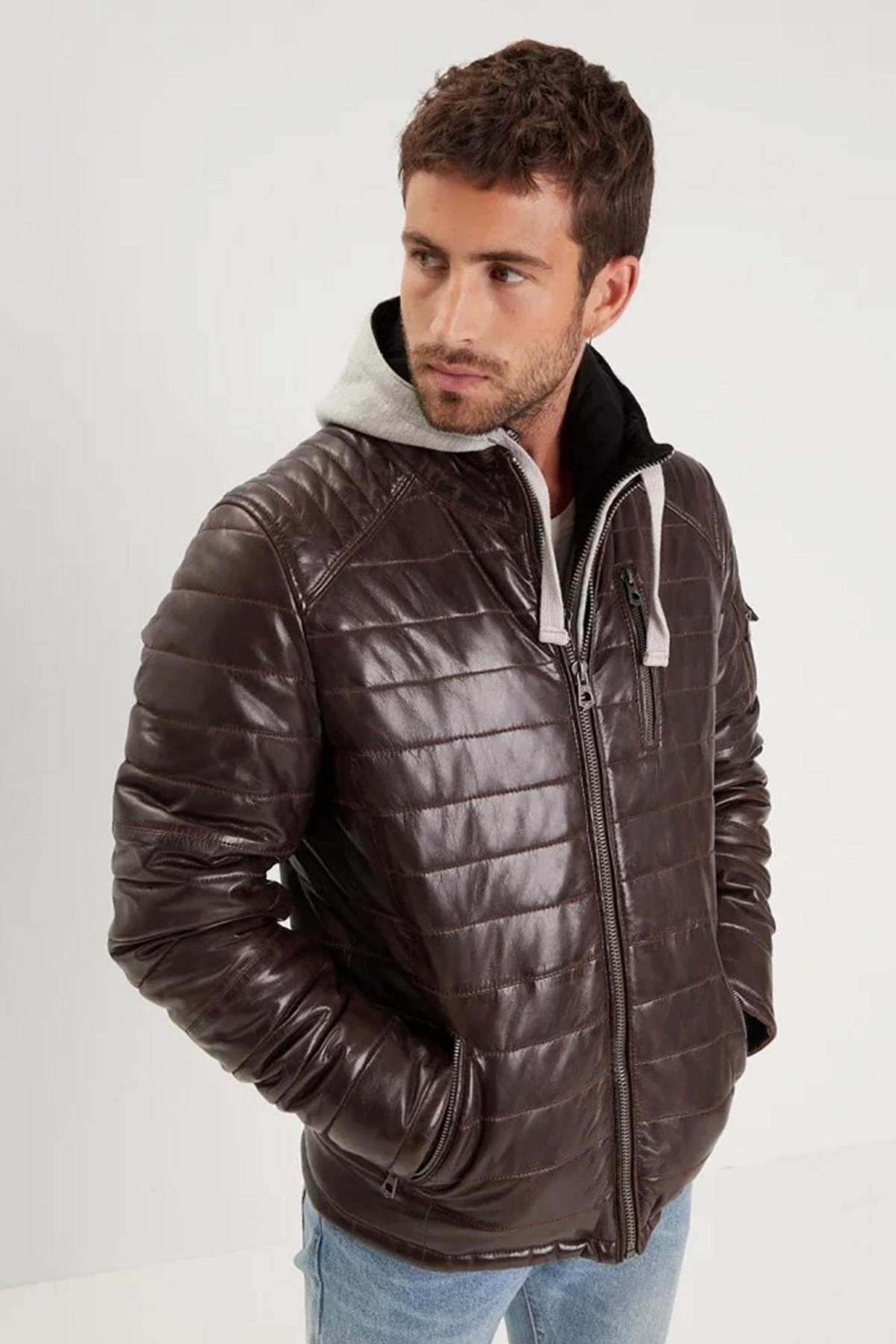 Brown leather down jacket with removable hooded lining - Image n°2