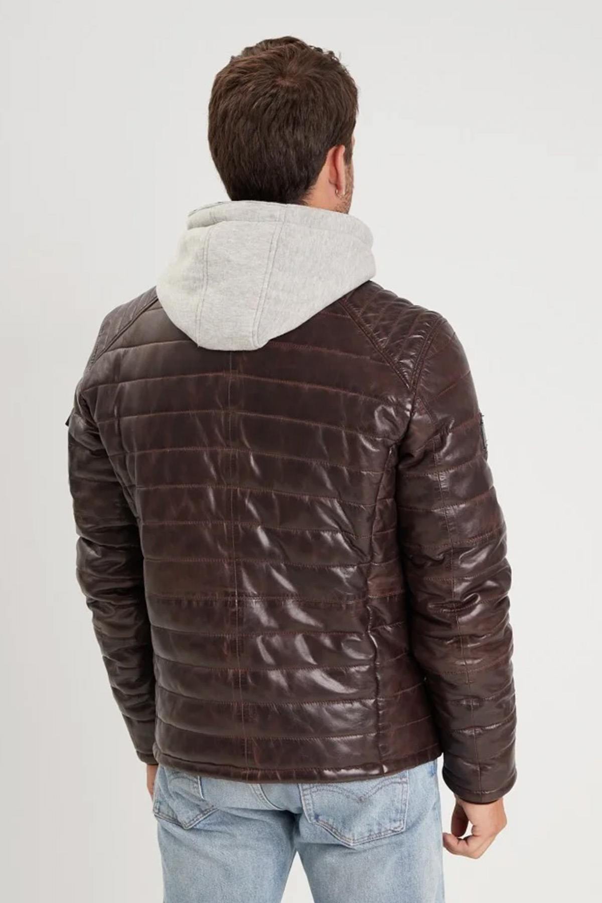 Brown leather down jacket with removable hooded lining - Image n°3