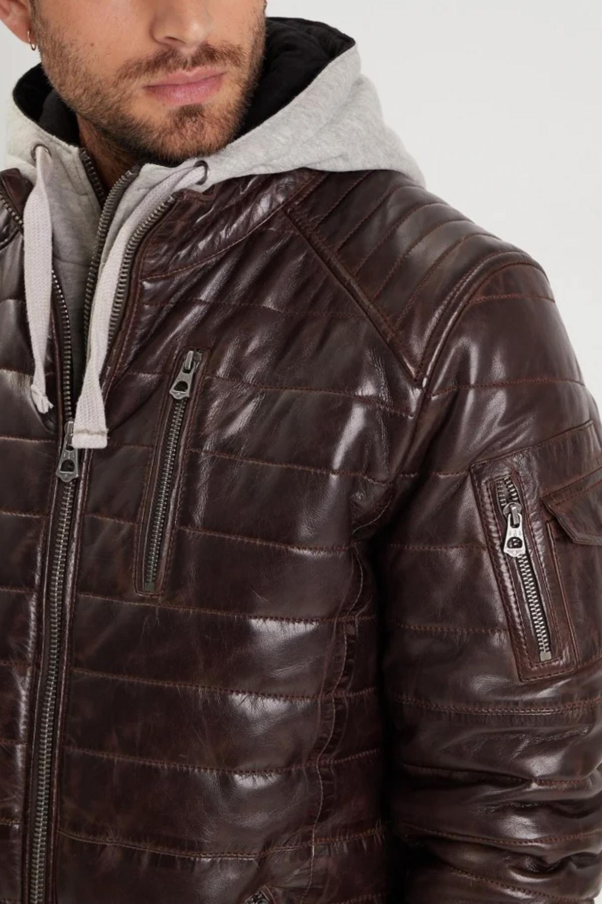 Brown leather down jacket with removable hooded lining - Image n°4