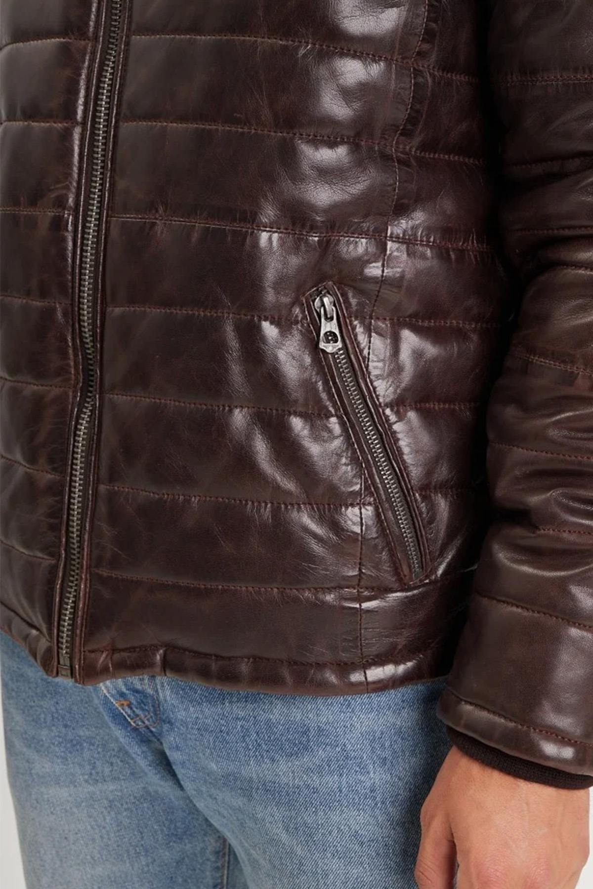 Brown leather down jacket with removable hooded lining - Image n°6