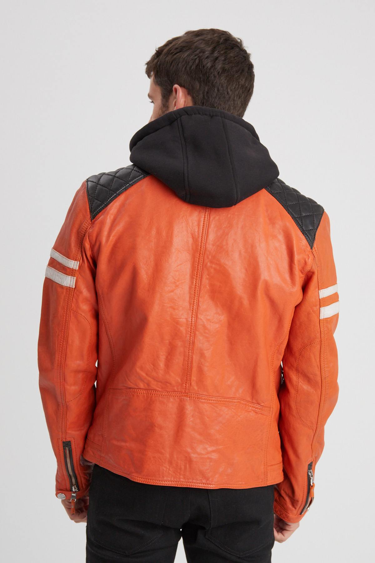 Orange leather biker jacket for men - Image n°2