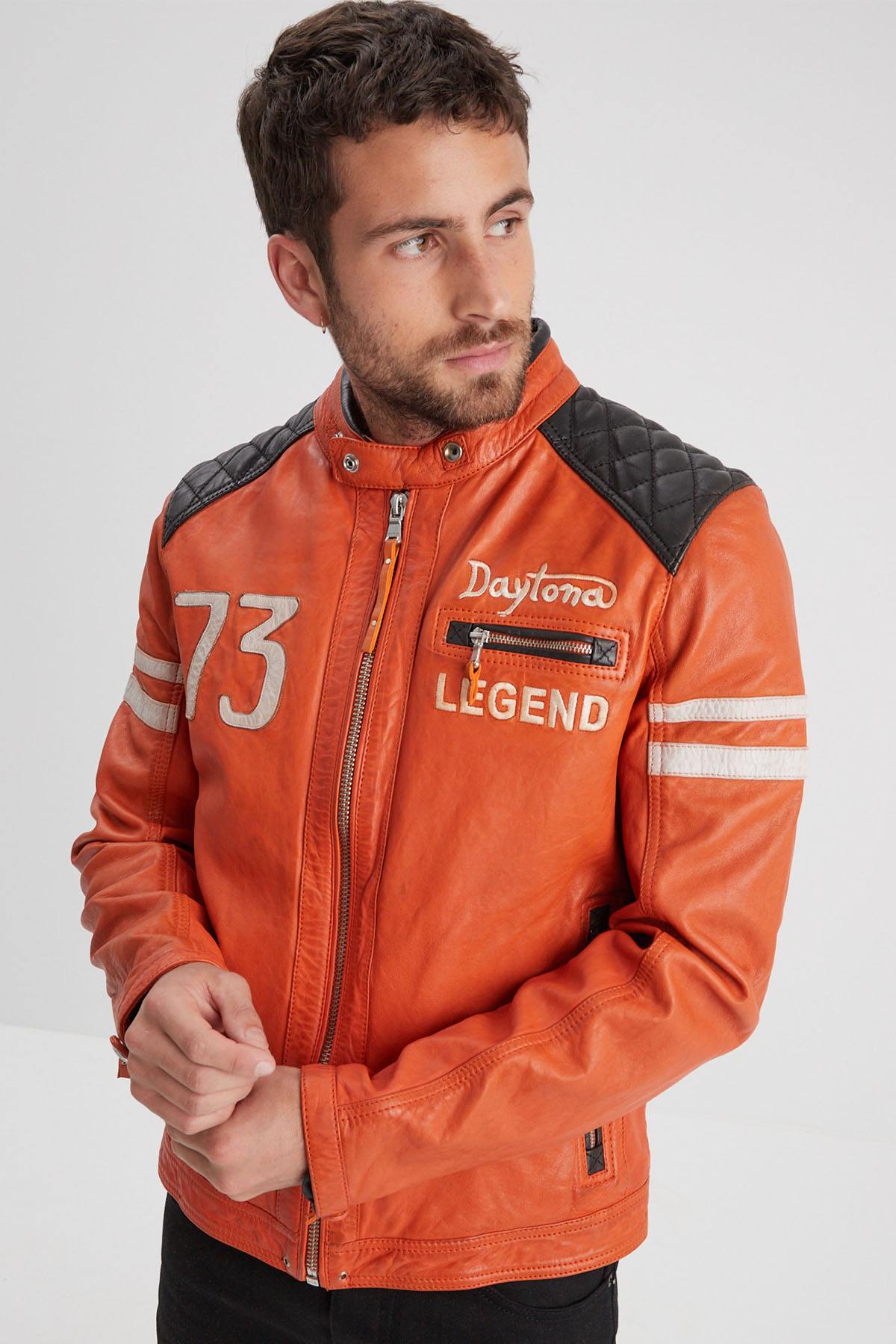 Orange leather biker jacket for men - Image n°4