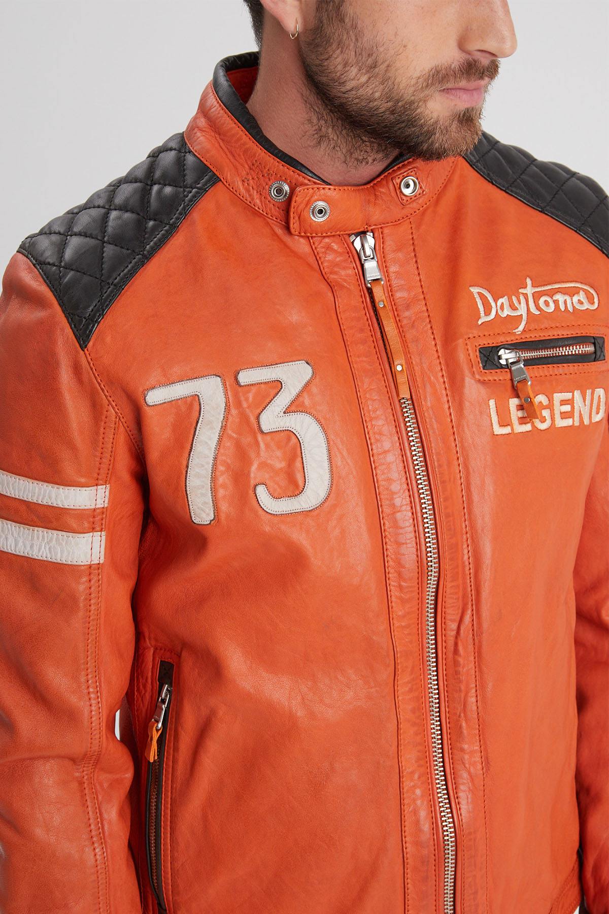 Orange leather biker jacket for men - Image n°3