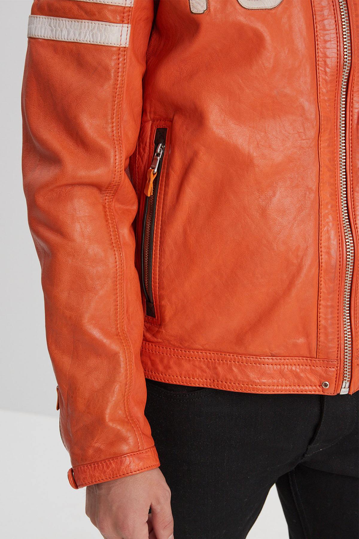 Orange leather biker jacket for men - Image n°6