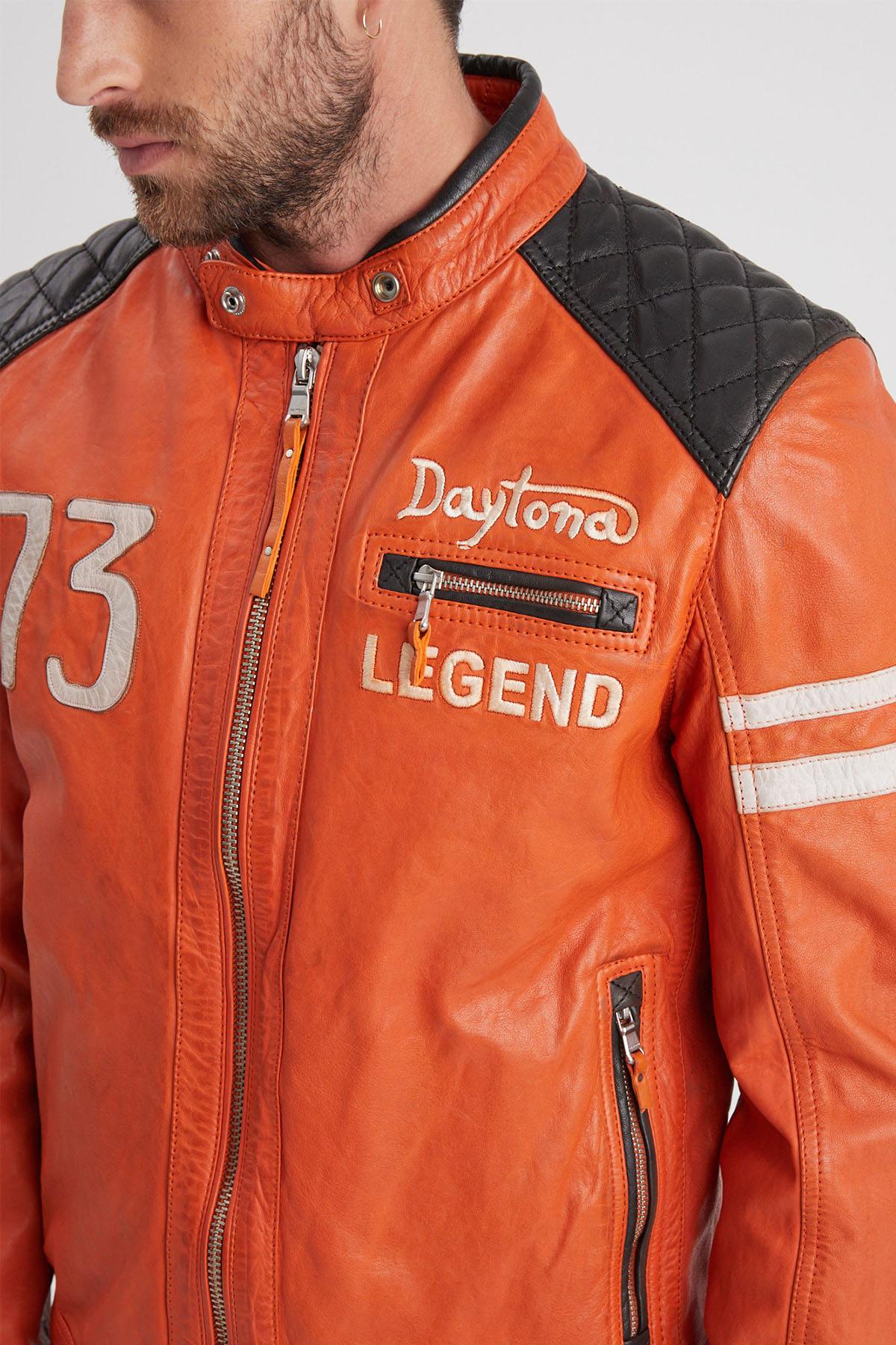 Orange leather biker jacket for men - Image n°5