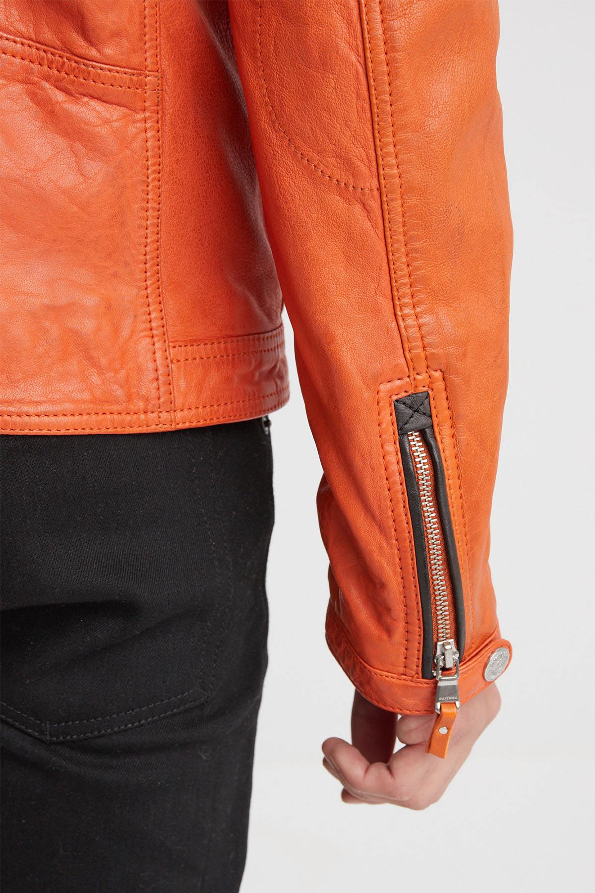 Orange leather biker jacket for men - Image n°7